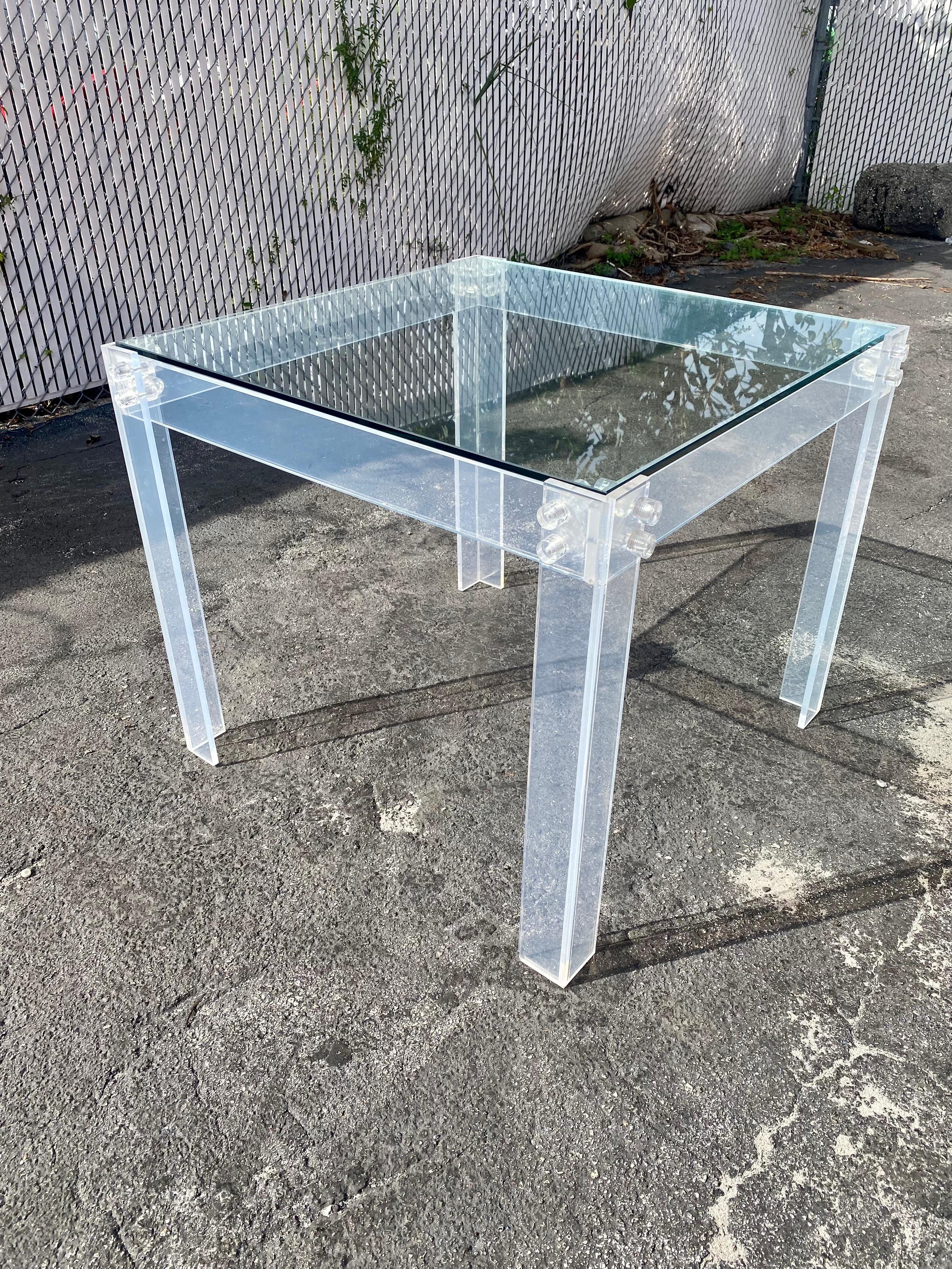 Glass 1970s Lucite Dining Gaming Table and Chairs, Set of 4 For Sale