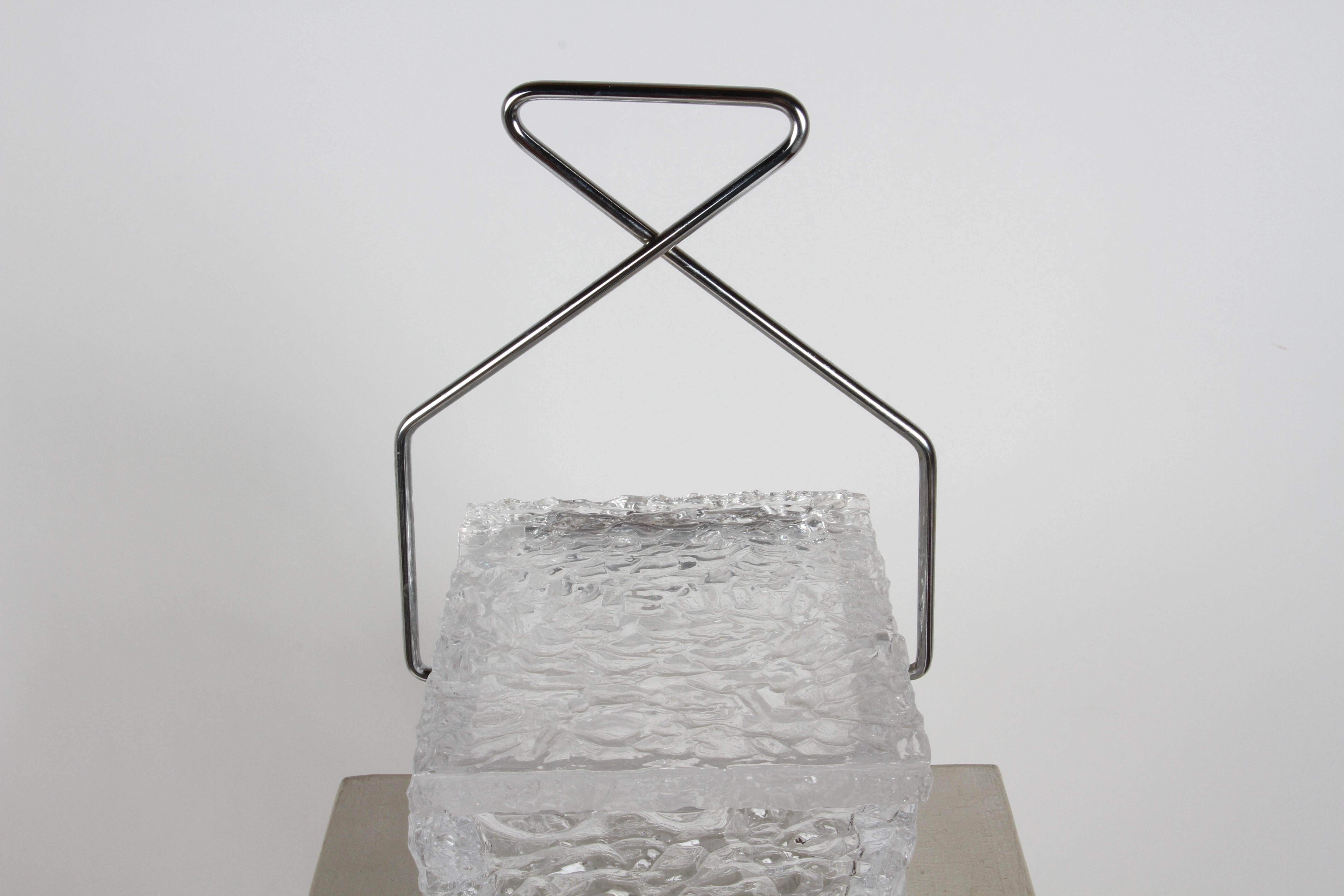 Mid-Century Modern 1970s Lucite Ice Bucket in the form of a Chiseled Ice Block with Chrome Tongs For Sale