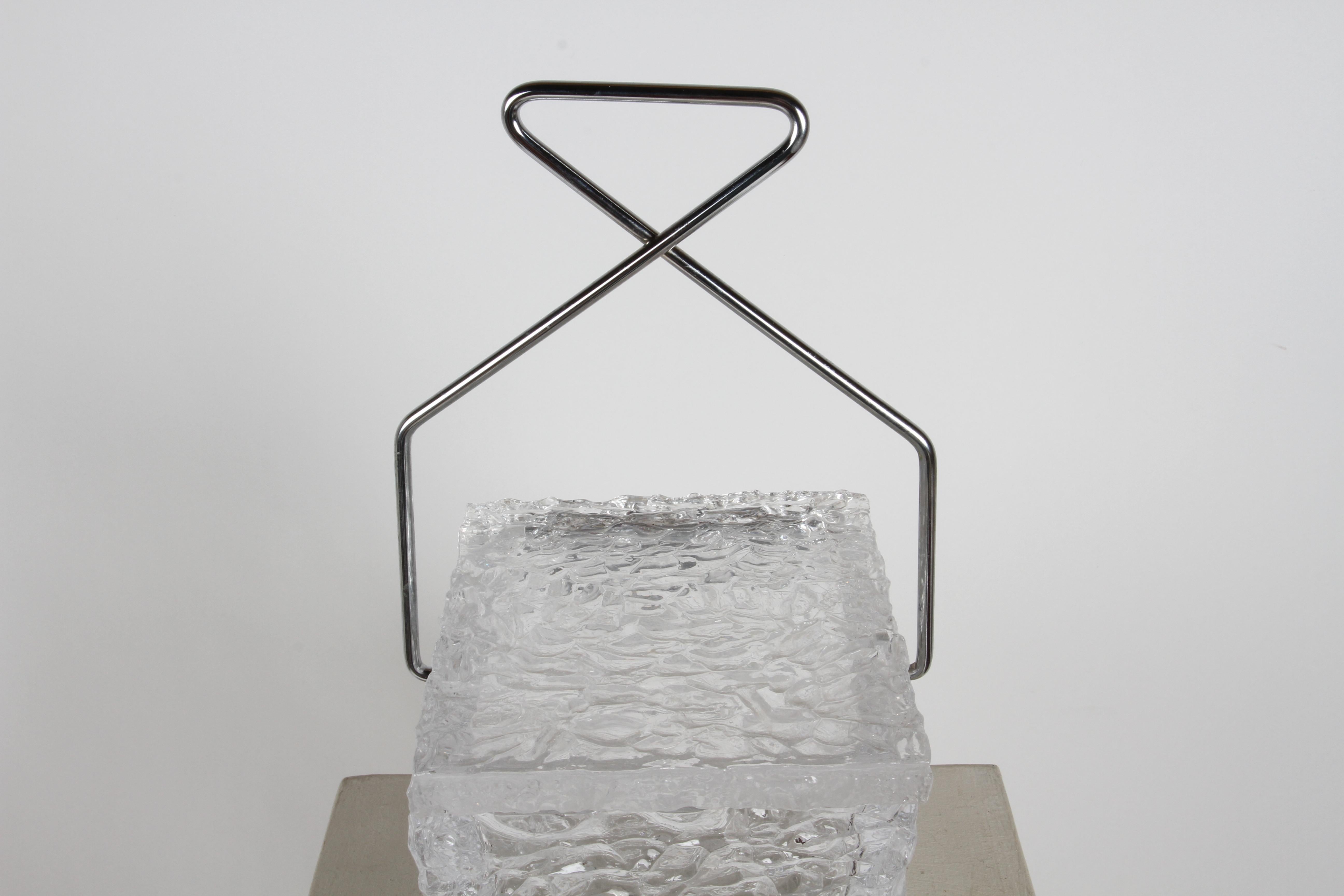 Mid-Century Modern 1970s Lucite Ice Bucket in the form of a Chiseled Ice Block with Chrome Tongs  For Sale