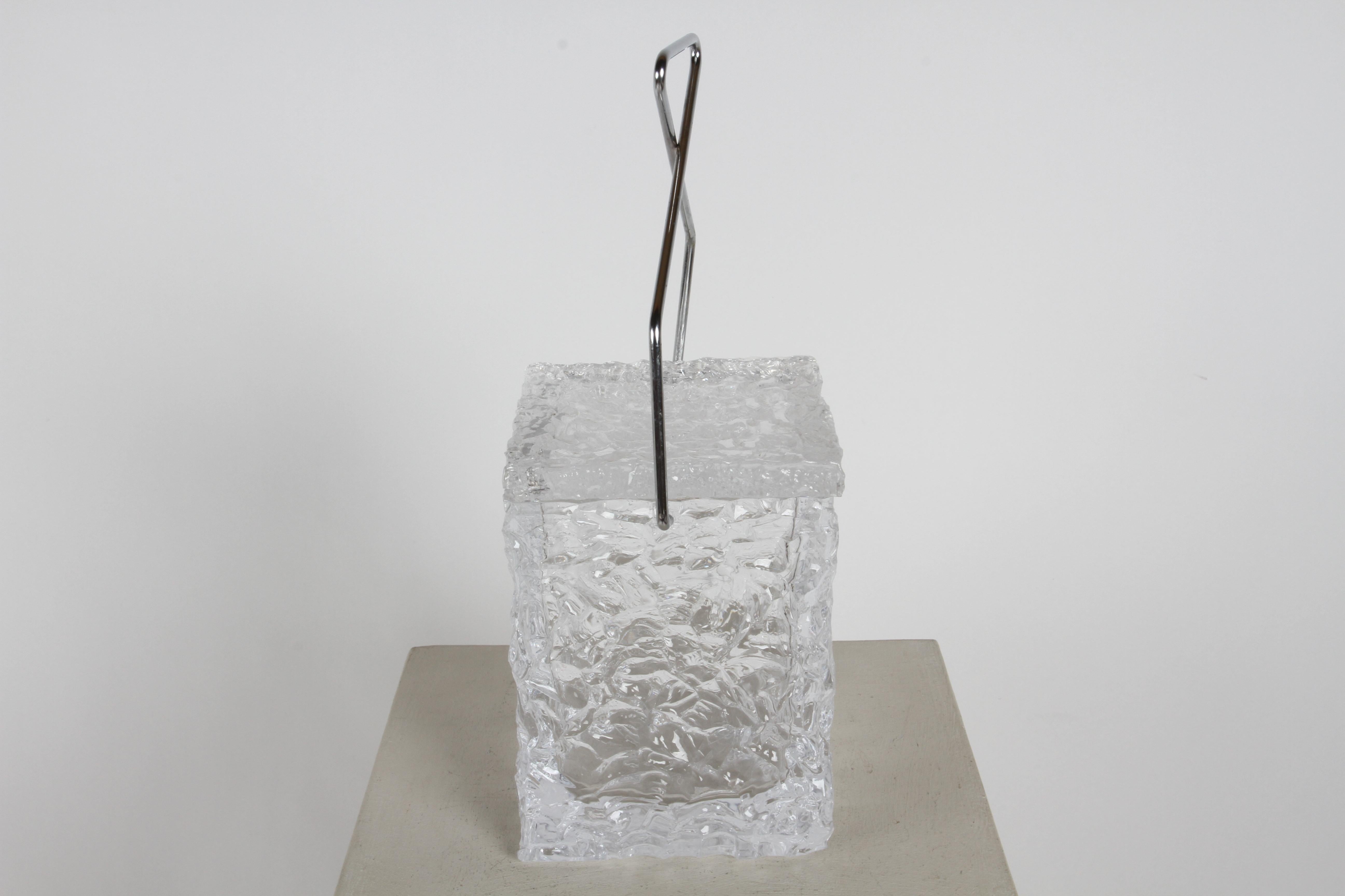 1970s Lucite Ice Bucket in the form of a Chiseled Ice Block with Chrome Tongs  In Good Condition For Sale In St. Louis, MO