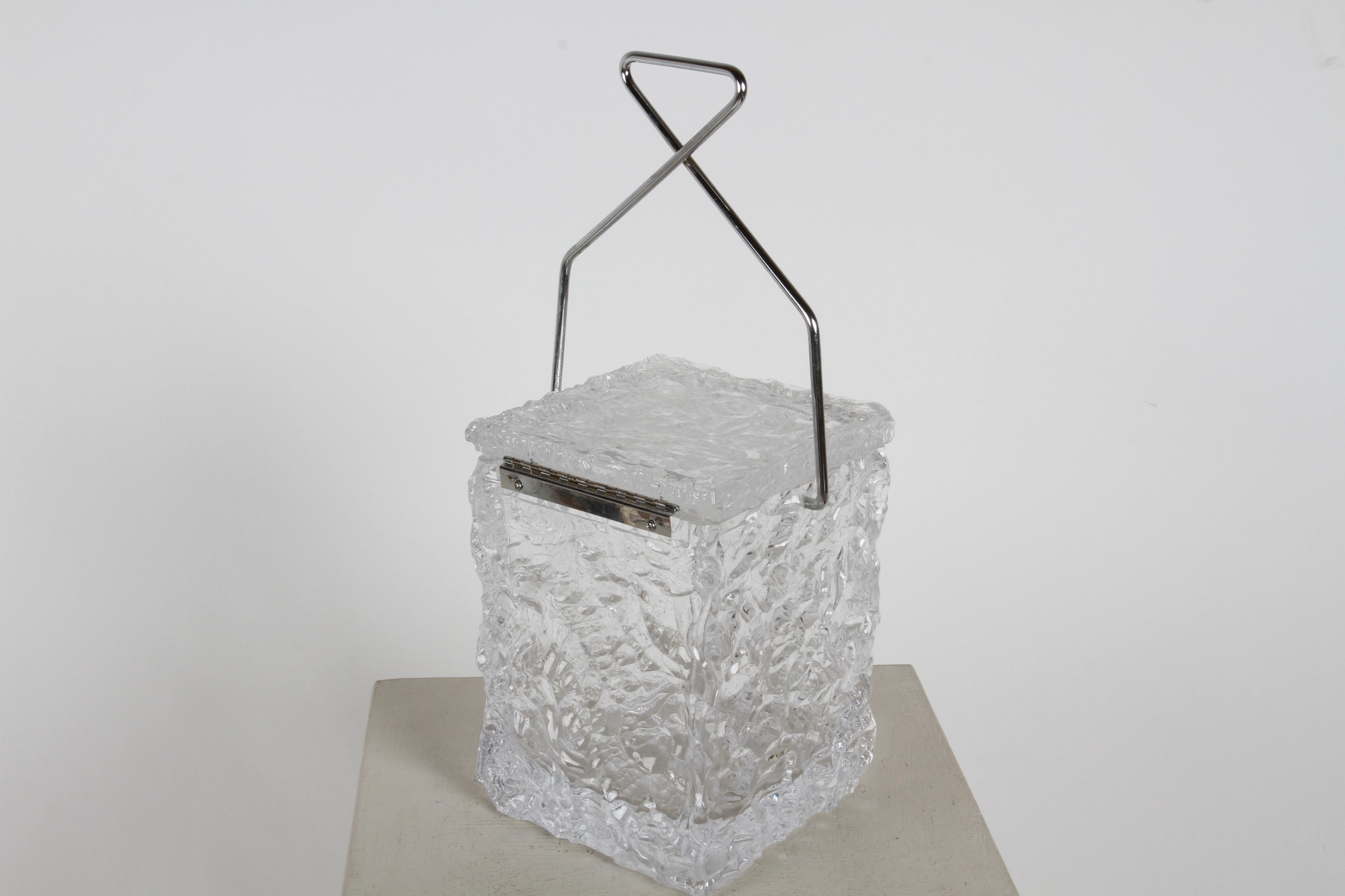 Late 20th Century 1970s Lucite Ice Bucket in the form of a Chiseled Ice Block with Chrome Tongs  For Sale