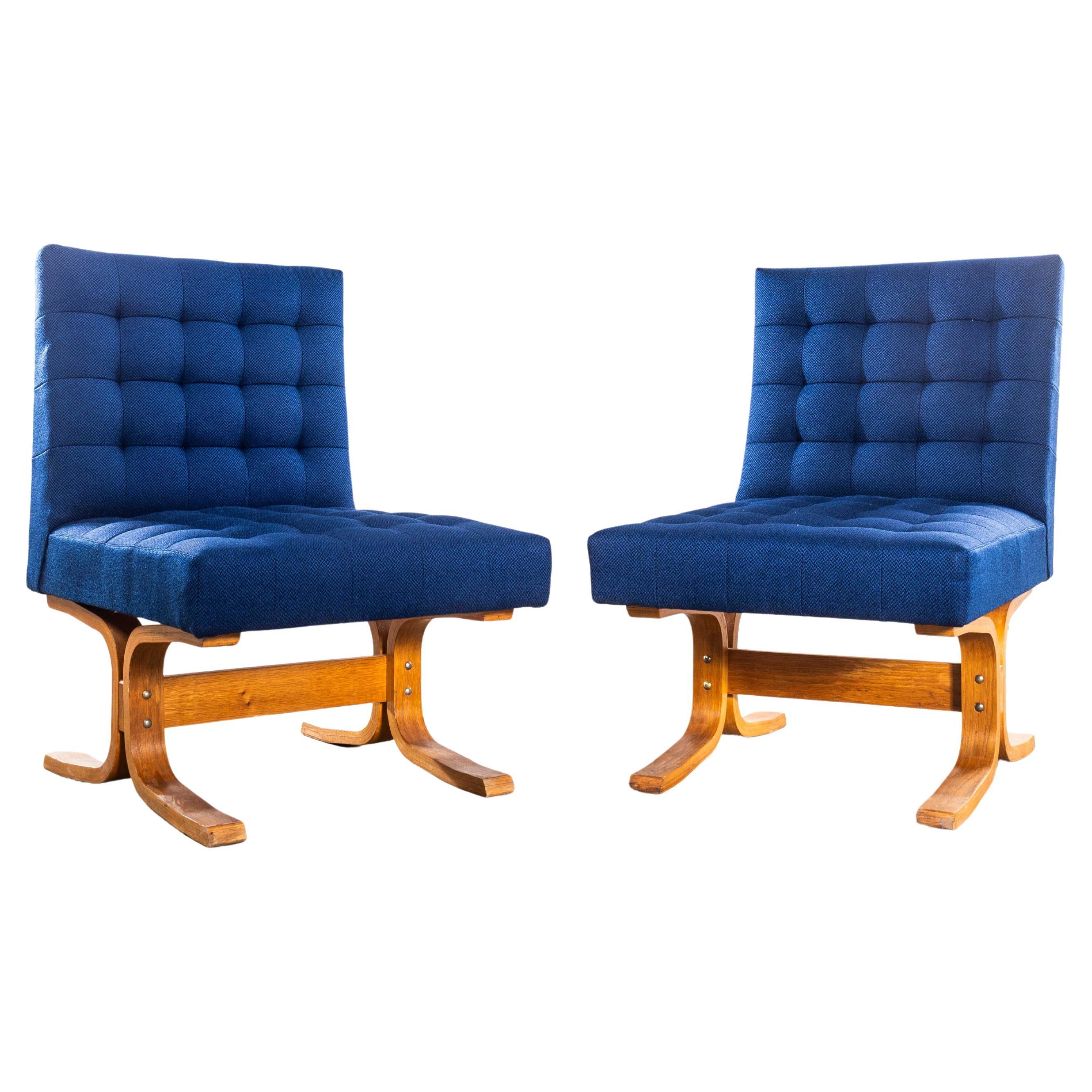 1970's Ludvik Volak Deep Blue Slubbed Weave Reupholstered Bratislava Side Chairs im Angebot