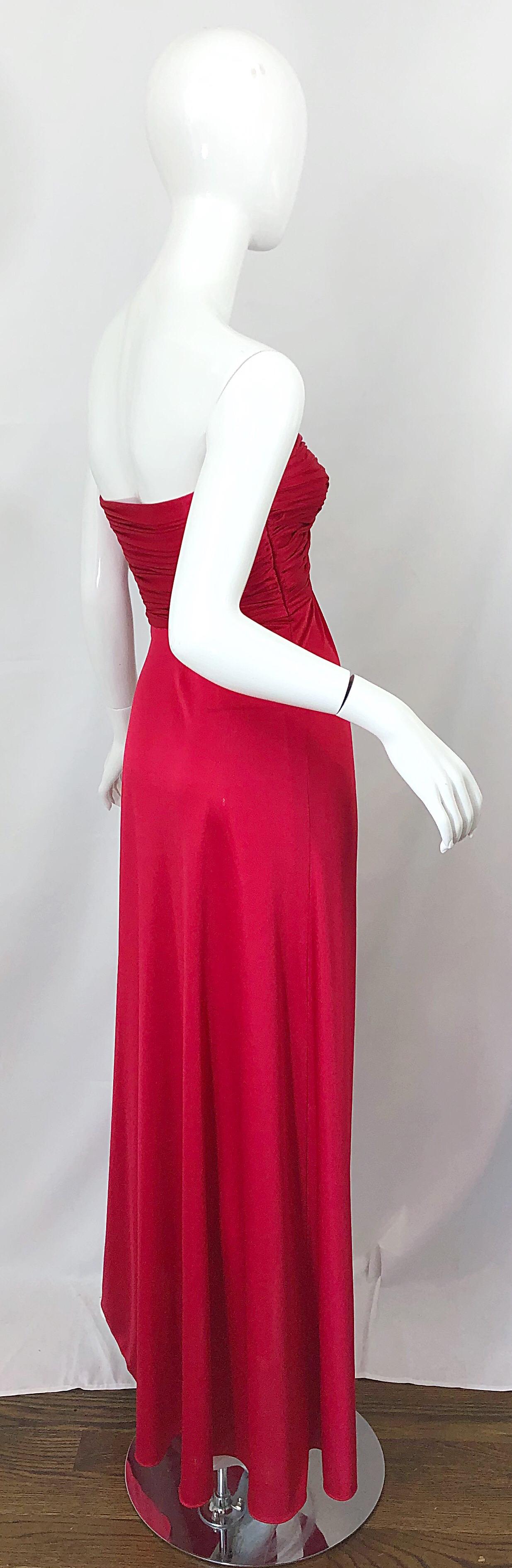 1970s Luis Estevez Silk Jersey Lipstick Red Strapless Vintage 70s Grecian Gown For Sale 4