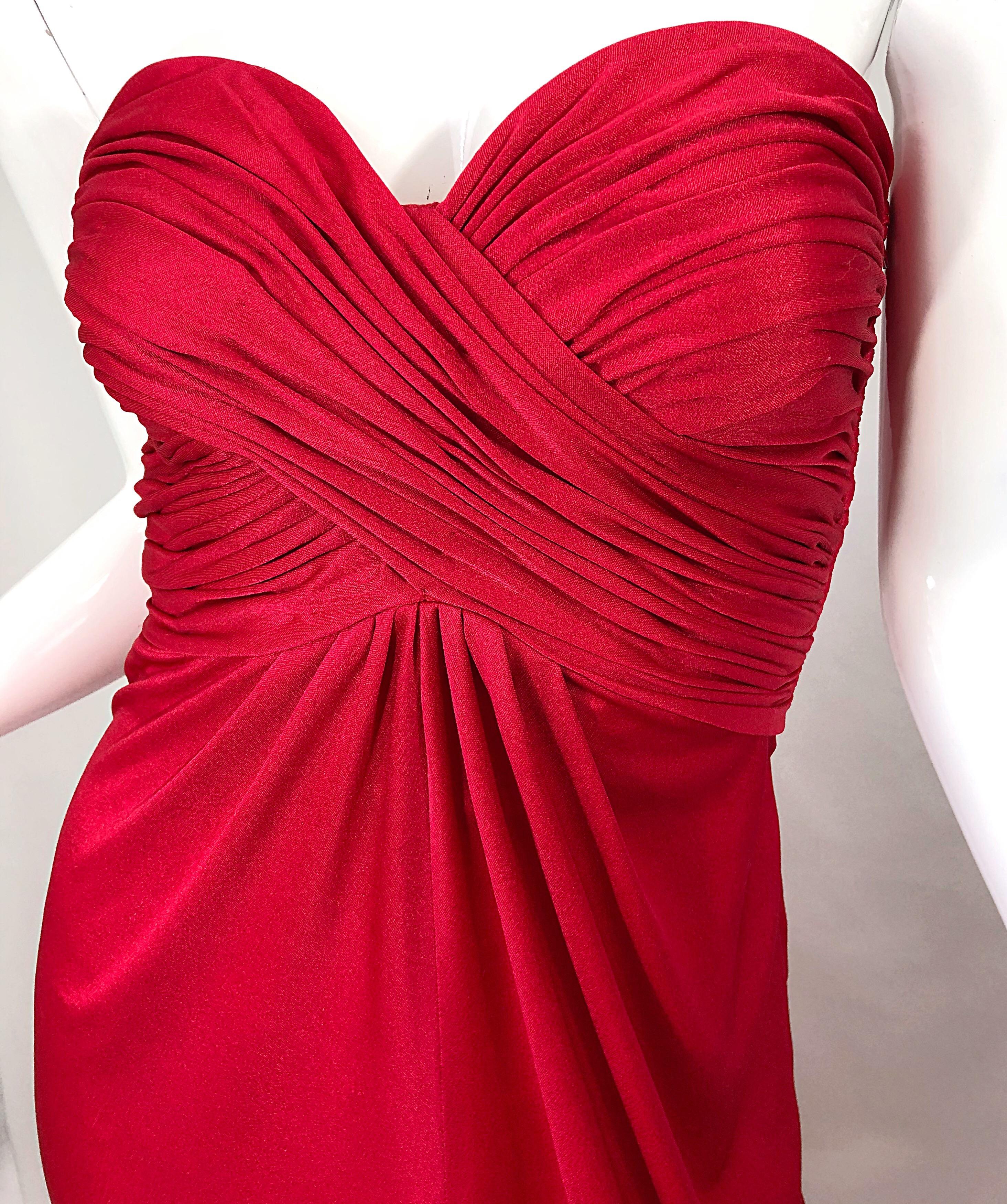 1970s Luis Estevez Silk Jersey Lipstick Red Strapless Vintage 70s Grecian Gown For Sale 5