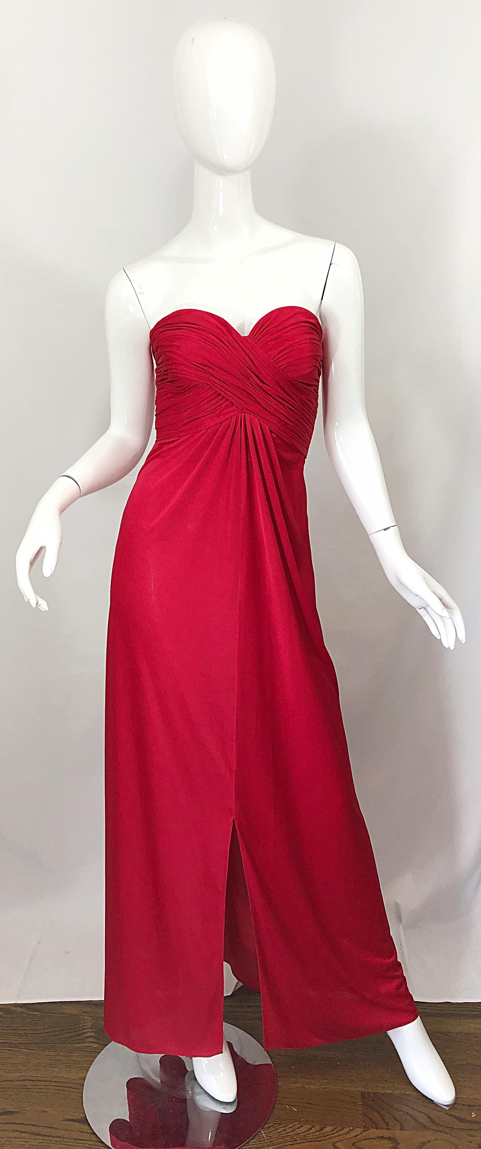 1970s Luis Estevez Silk Jersey Lipstick Red Strapless Vintage 70s Grecian Gown For Sale 6
