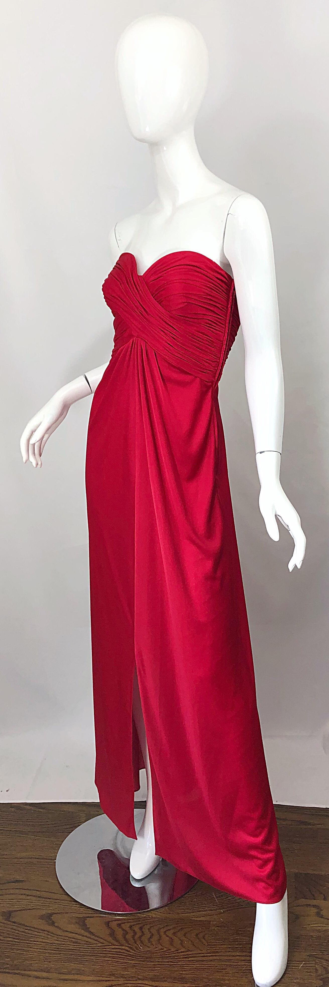 1970s Luis Estevez Silk Jersey Lipstick Red Strapless Vintage 70s Grecian Gown In Excellent Condition For Sale In San Diego, CA