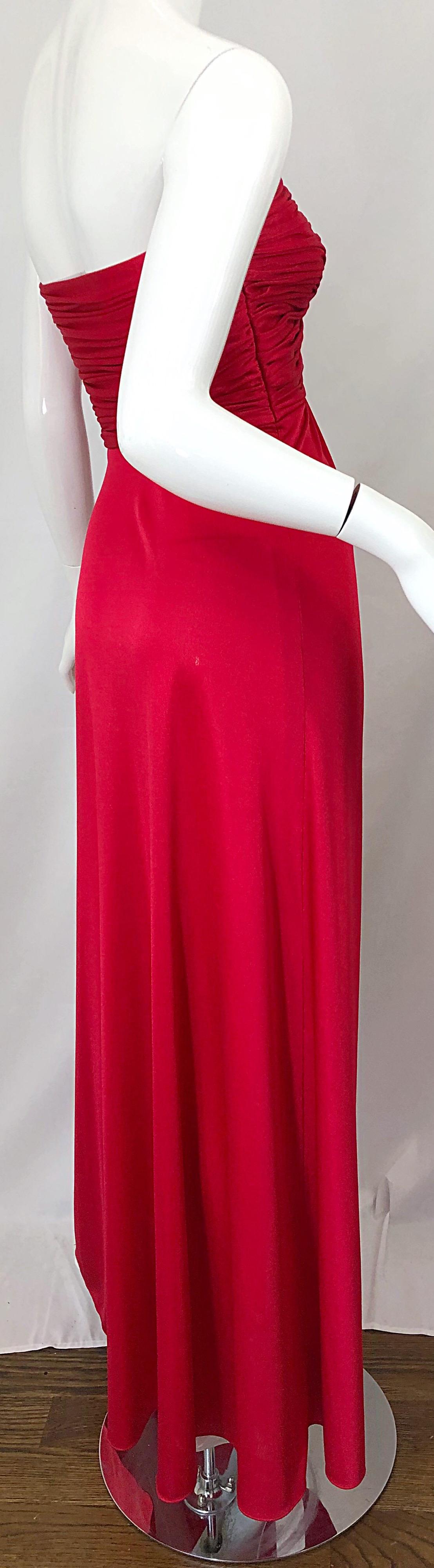 Women's 1970s Luis Estevez Silk Jersey Lipstick Red Strapless Vintage 70s Grecian Gown For Sale