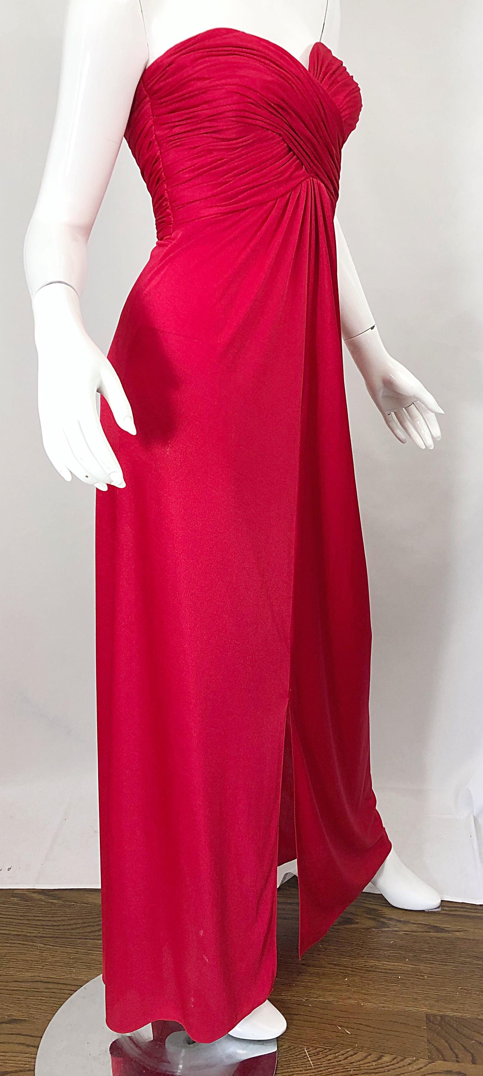 1970s Luis Estevez Silk Jersey Lipstick Red Strapless Vintage 70s Grecian Gown For Sale 1
