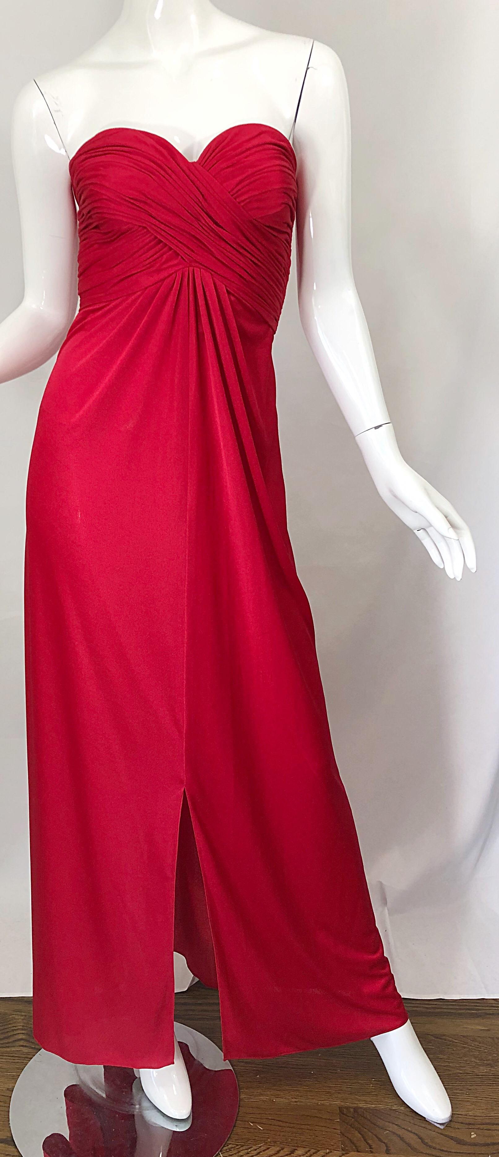 1970s Luis Estevez Silk Jersey Lipstick Red Strapless Vintage 70s Grecian Gown For Sale 2