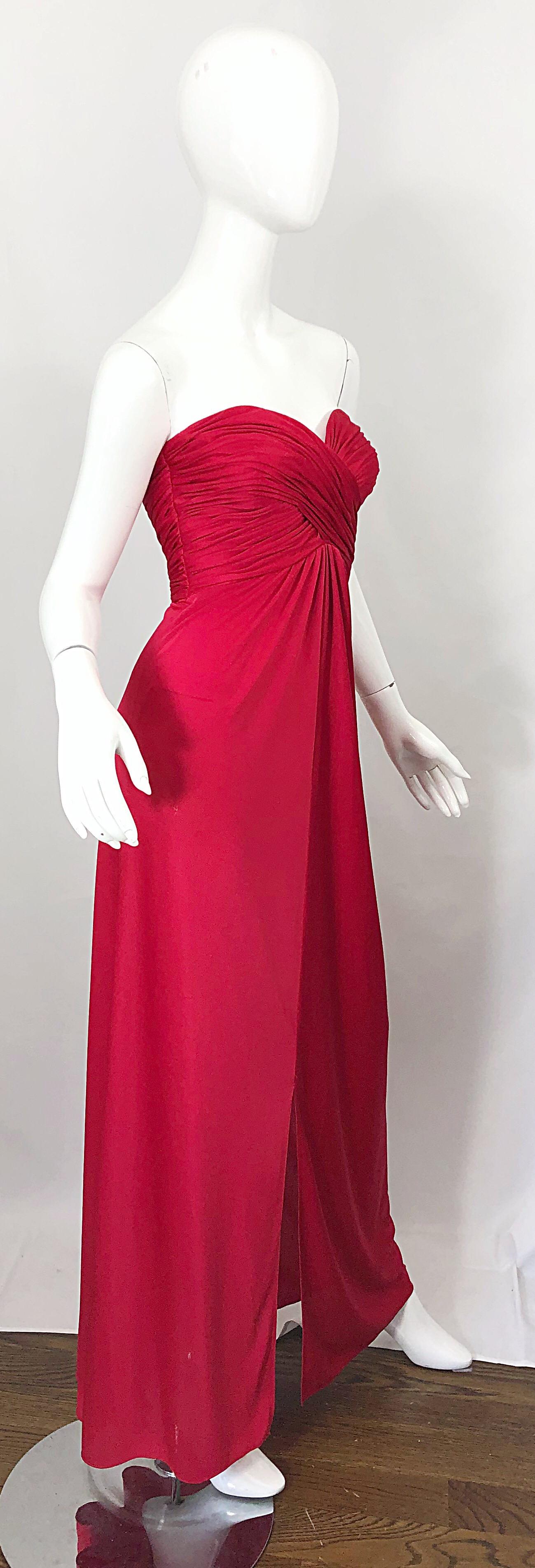 1970s Luis Estevez Silk Jersey Lipstick Red Strapless Vintage 70s Grecian Gown For Sale 3