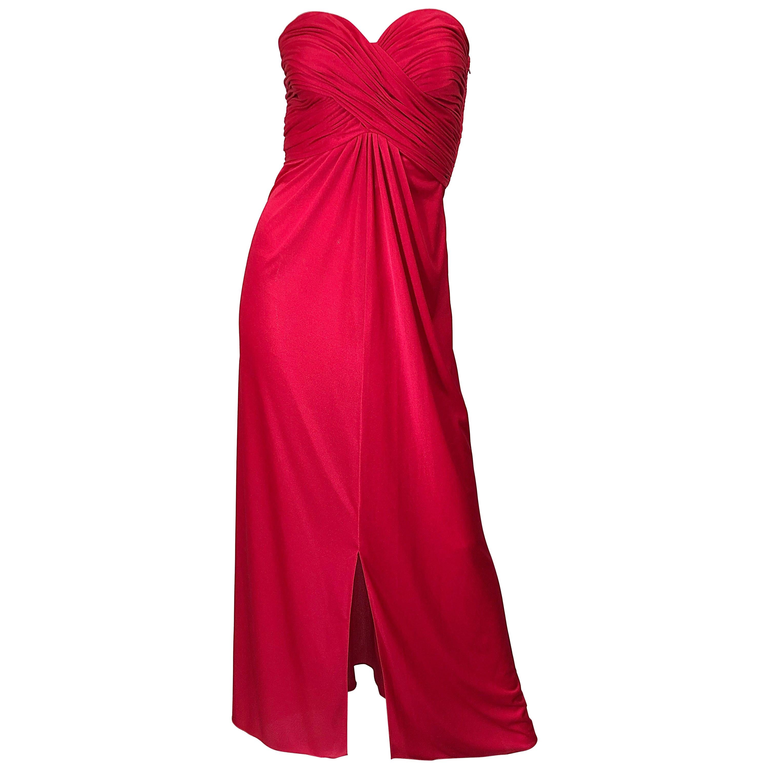 1970 Luis Estevez Maglia di seta Rosso Rossetto senza spalline Vintage 70s Grecian Gown in vendita