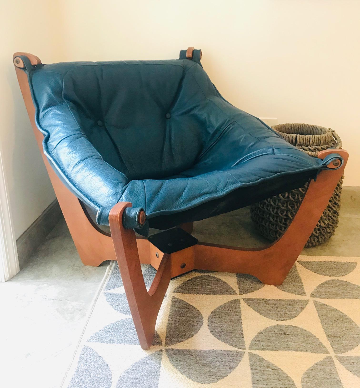 1970s Luna Lounge Chair by Odd Knutsen in Cadet Blue Leather, Norway 1