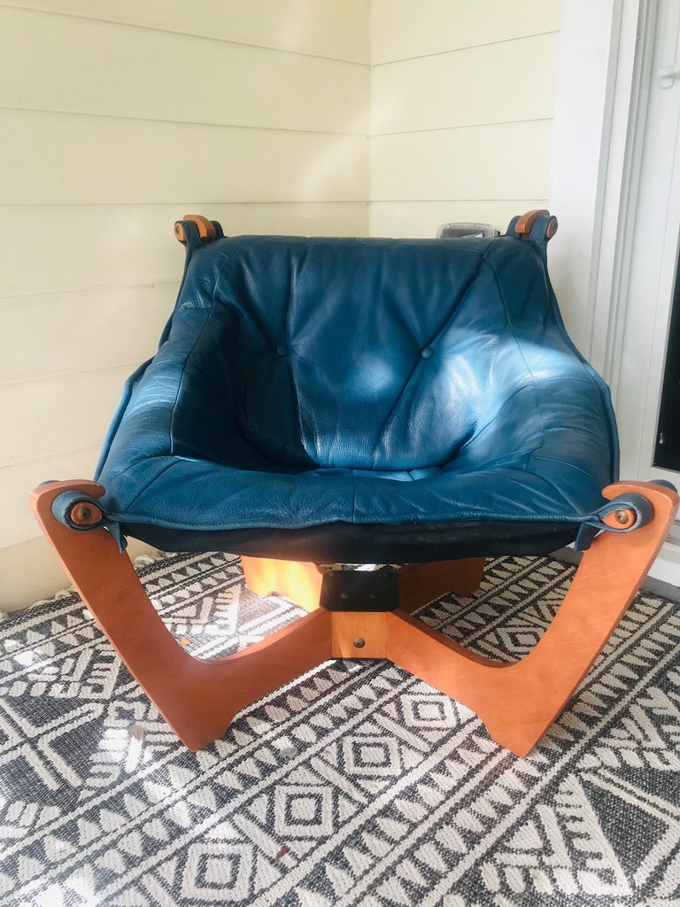 1970s Luna Lounge Chair by Odd Knutsen in Cadet Blue Leather, Norway at