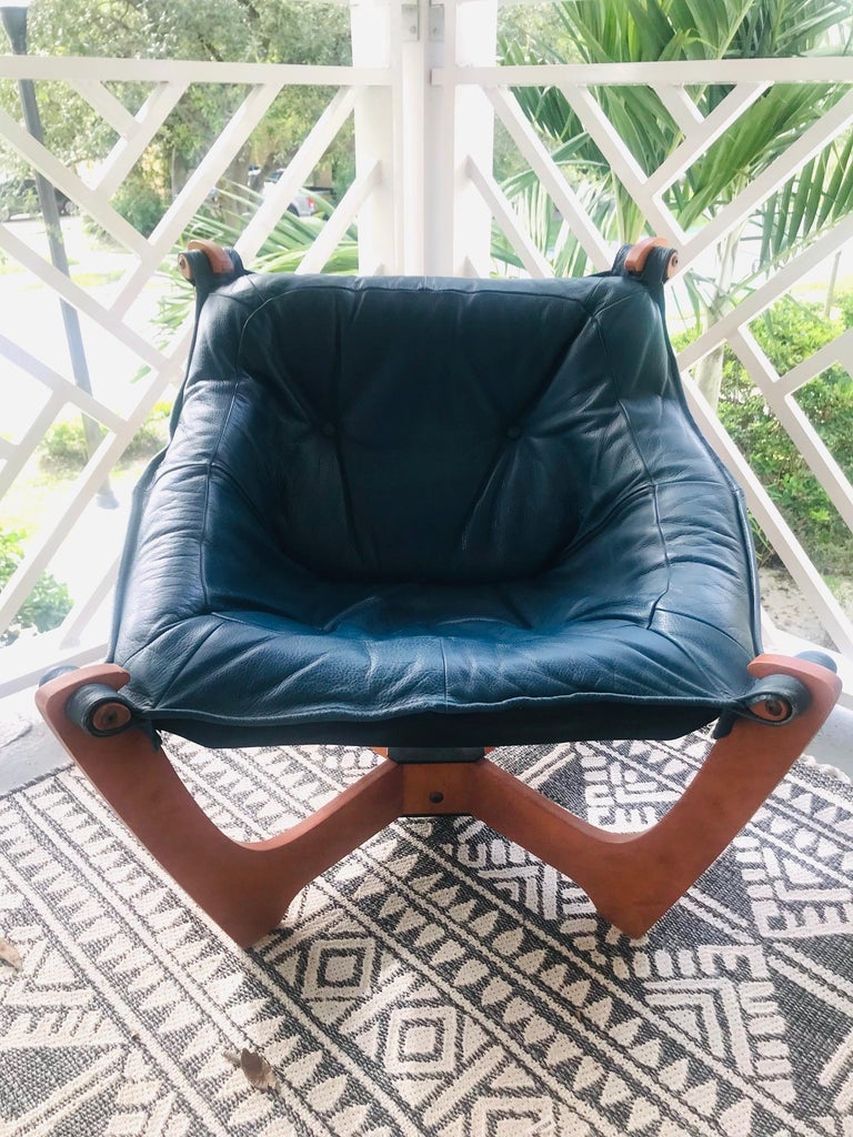 1970s Luna Lounge Chair by Odd Knutsen in Cadet Blue Leather, Norway at