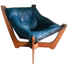 Vintage 1970s Luna Lounge Chair by Odd Knutsen in Cadet Blue Leather, Norway