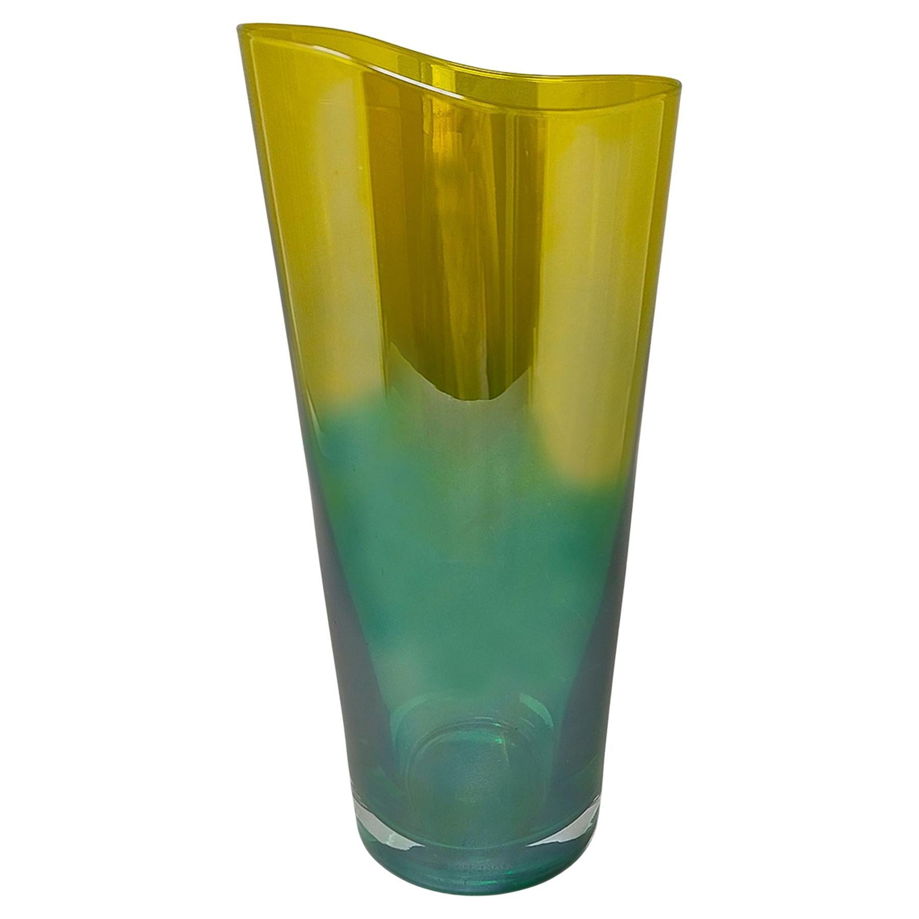 1970s Luxury Green and Yellow Handcrafted Vase in Murano Glass by Ca dei Vetrai. For Sale