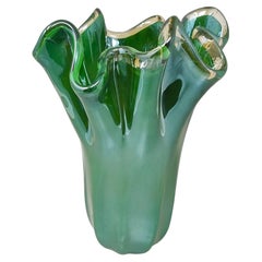 1970s Luxury Handcrafted Green "Fazzoletto" Vase By Dogi in Murano Glass.