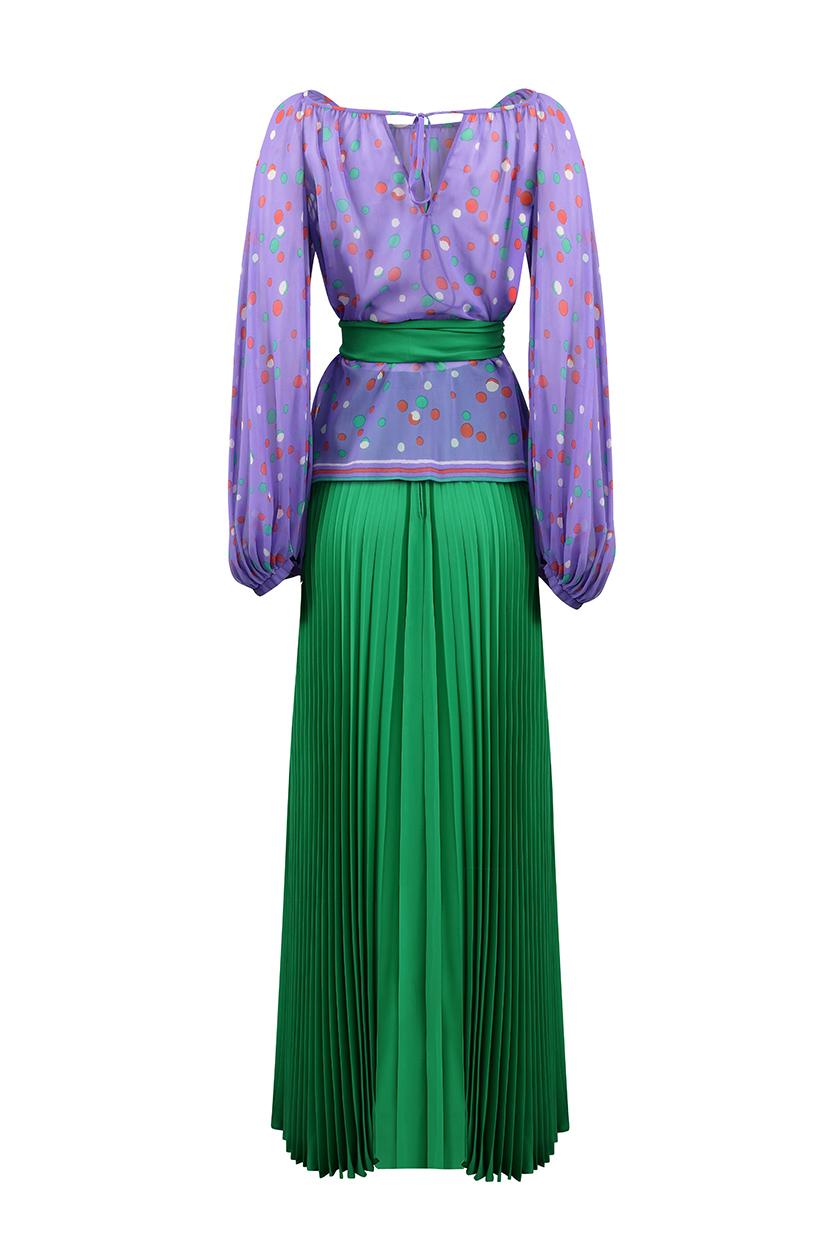 Cet ensemble saisissant de maxi jupe de la fin des années 1970 en violet et vert émeraude contrastés est étiqueté par Lydia Martin et est fait du même tissu et du même design qu'une robe haute couture Yves Saint Laurent de la même époque vendue par