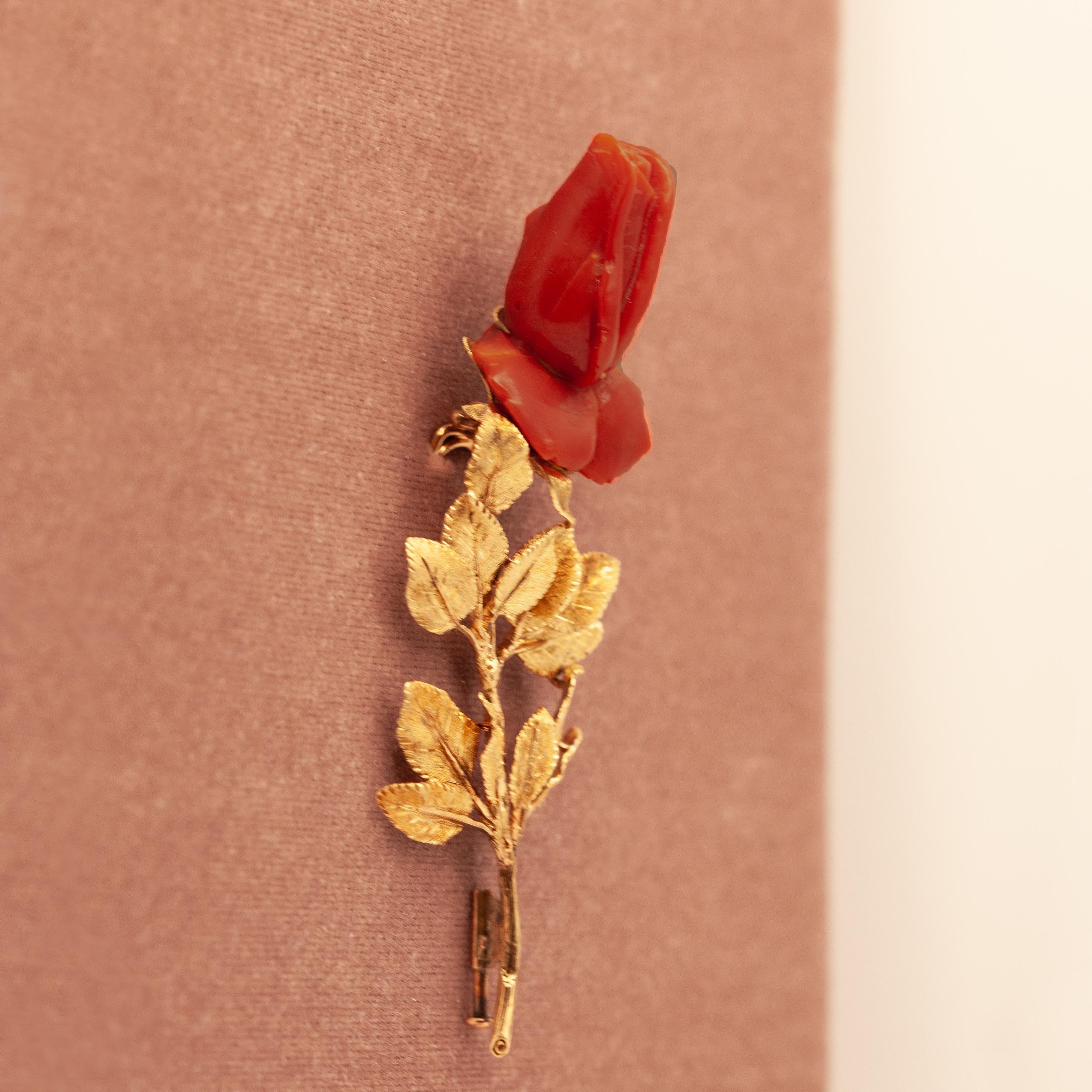 1970s M. Buccellati 18K Yellow Gold Red Coral Rose Brooch 5
