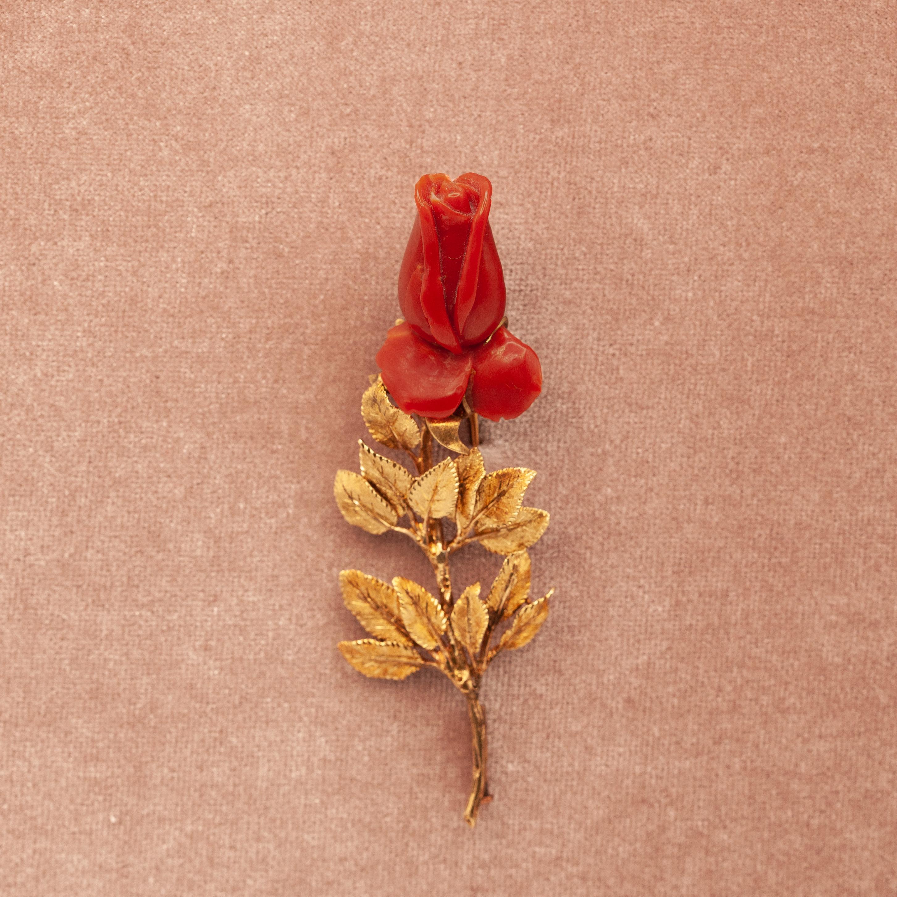 1970s M. Buccellati 18K Yellow Gold Red Coral Rose Brooch 6