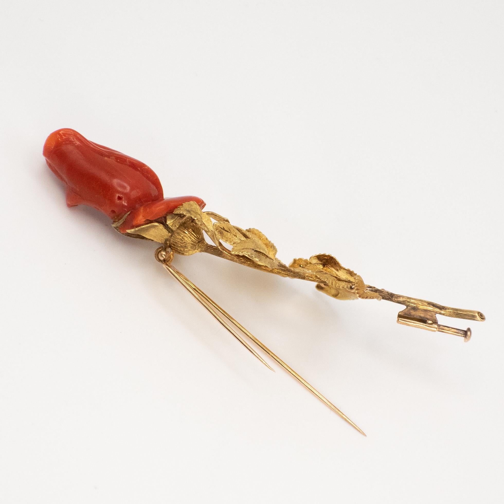 Modern 1970s M. Buccellati 18K Yellow Gold Red Coral Rose Brooch