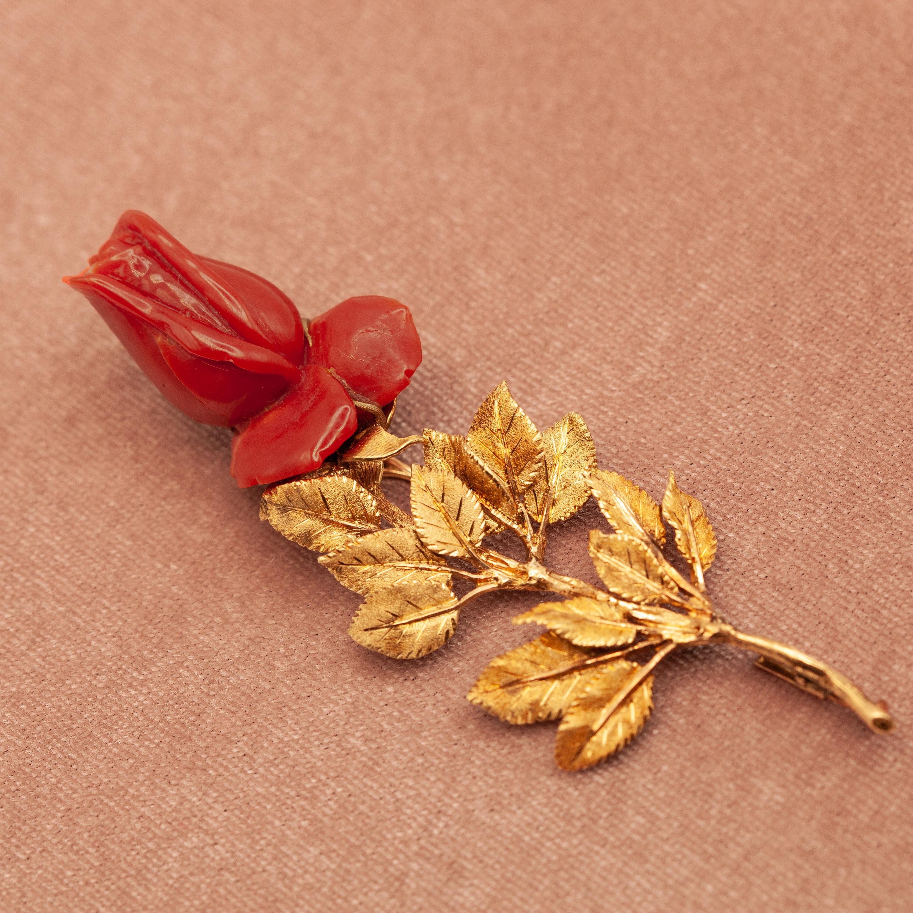 1970s M. Buccellati 18K Yellow Gold Red Coral Rose Brooch 4