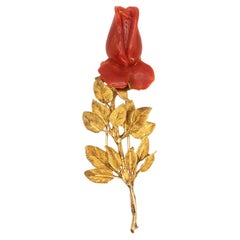 1970s M. Buccellati 18K Yellow Gold Red Coral Rose Brooch