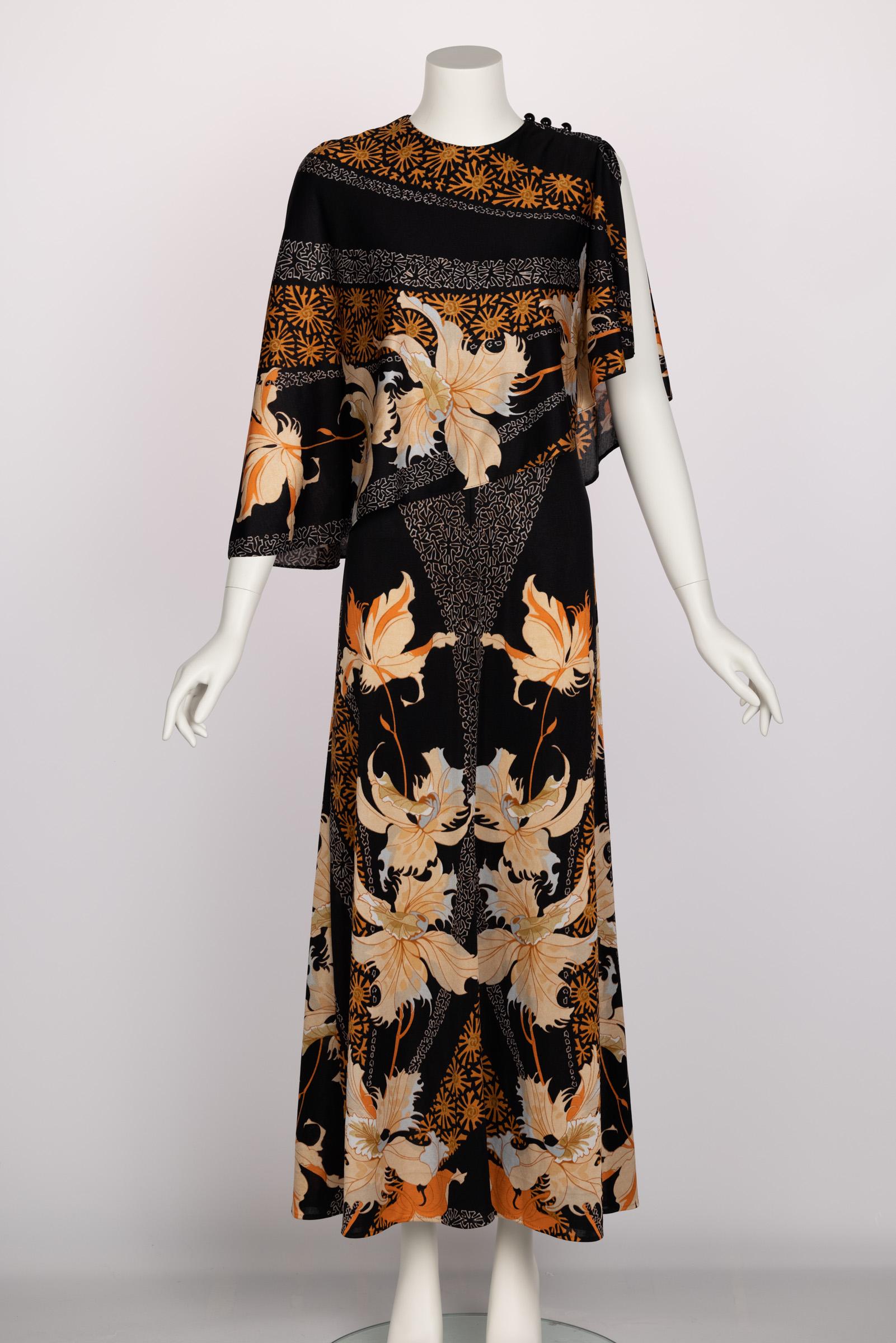 In collaboration with the renowned Paris house of prints, Leonard, the graphic and print designer Mac Tac offered this zany, almost surrealist print for this 1970s silk nylon jersey maxi dress. The print also features large orchids throughout, which