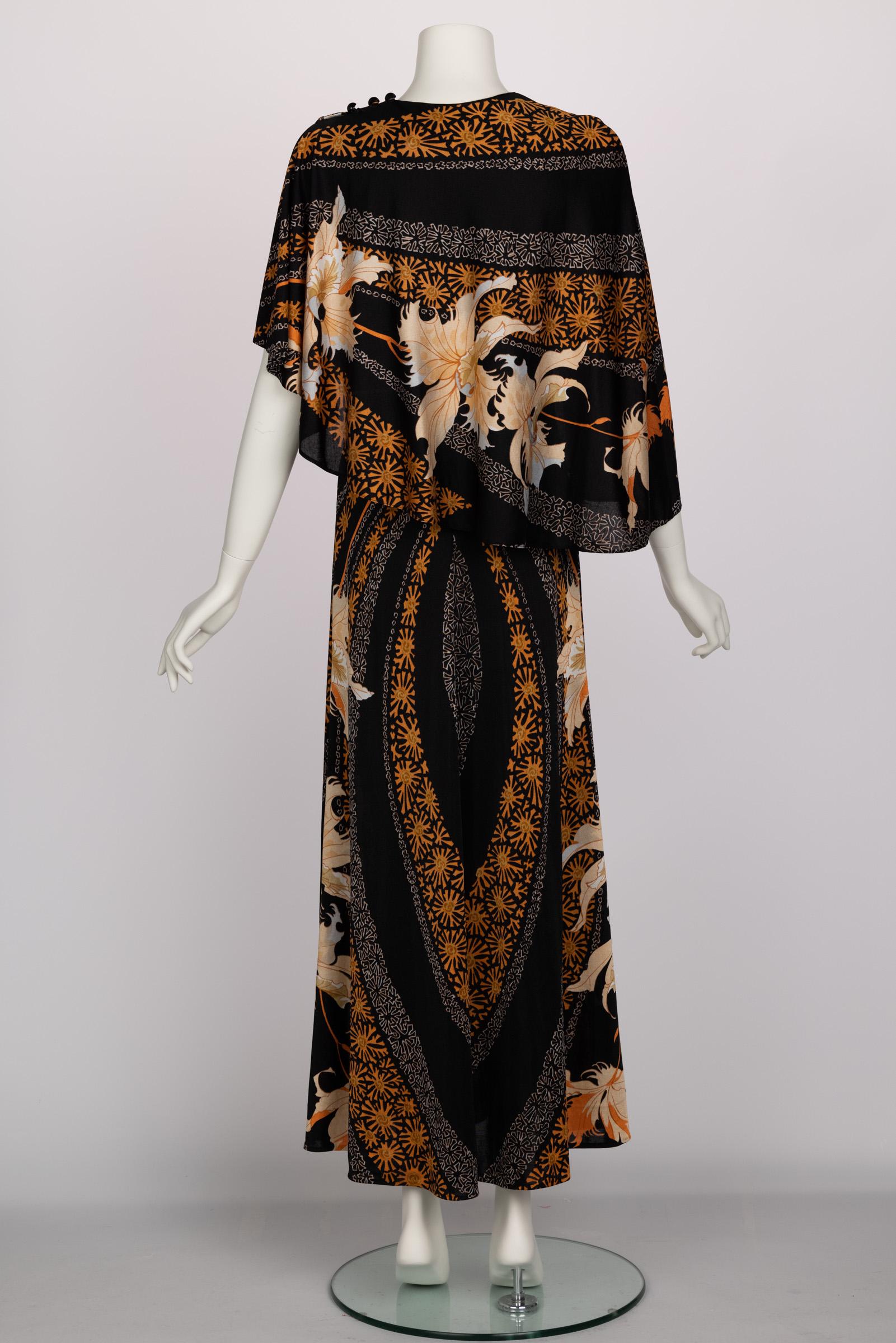 Black 1970s Mac Tac of Paris Floral Printed Nylon Jersey Cape Dress For Sale
