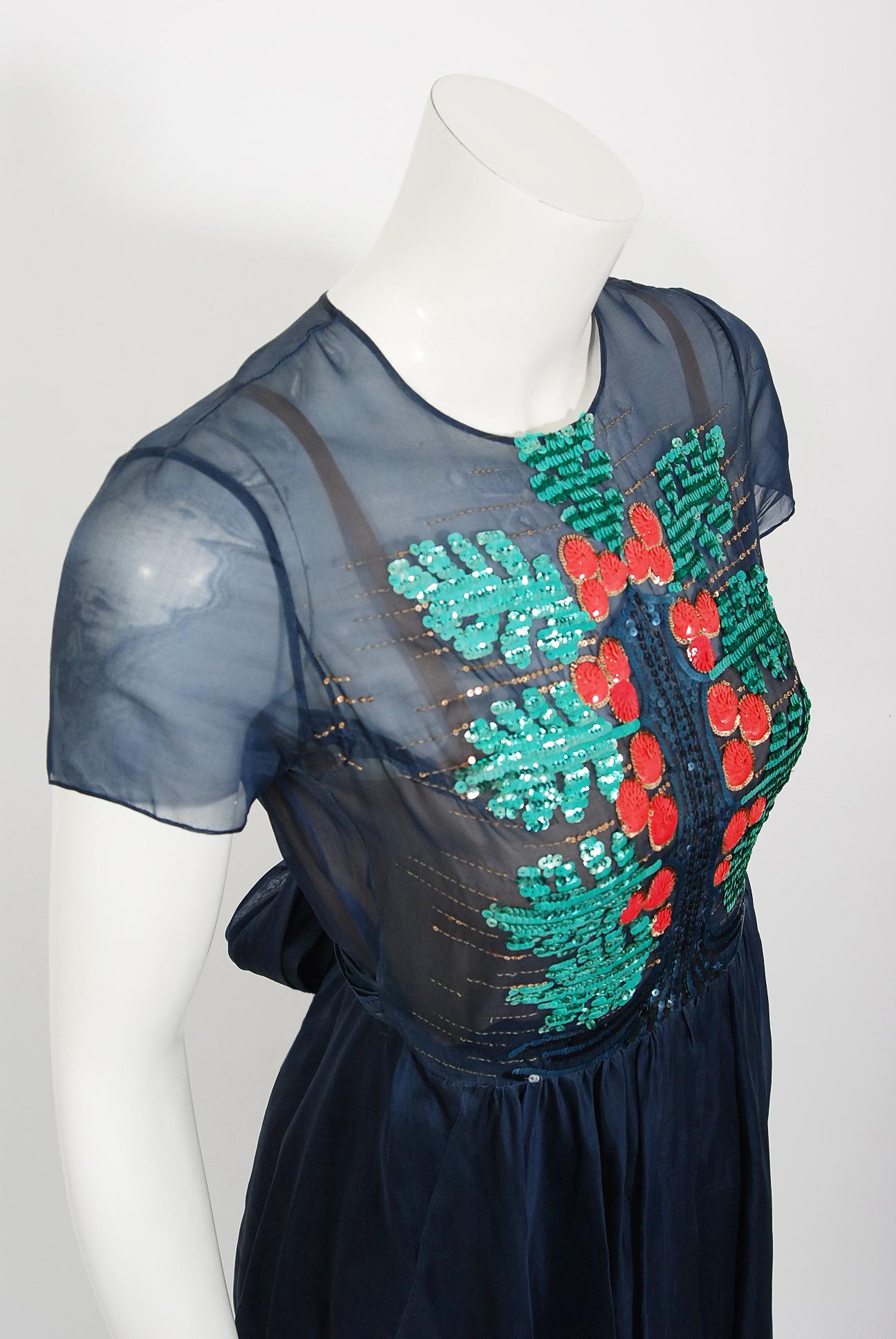 Black Vintage 1970s Madame Grès Haute Couture Beaded Berry Motif Navy Sheer Silk Gown For Sale