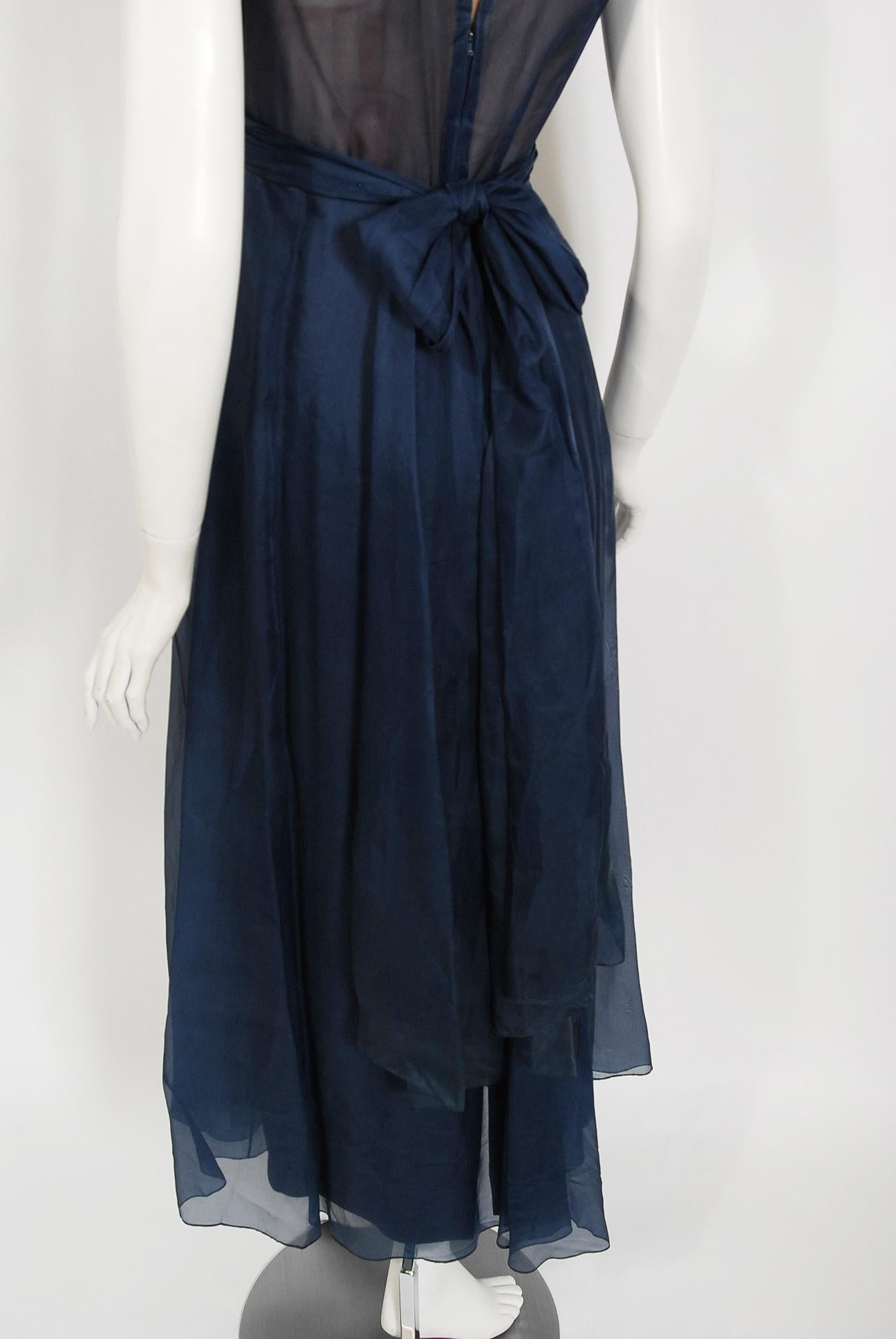 Vintage 1970s Madame Grès Haute Couture Beaded Berry Motif Navy Sheer Silk Gown For Sale 1