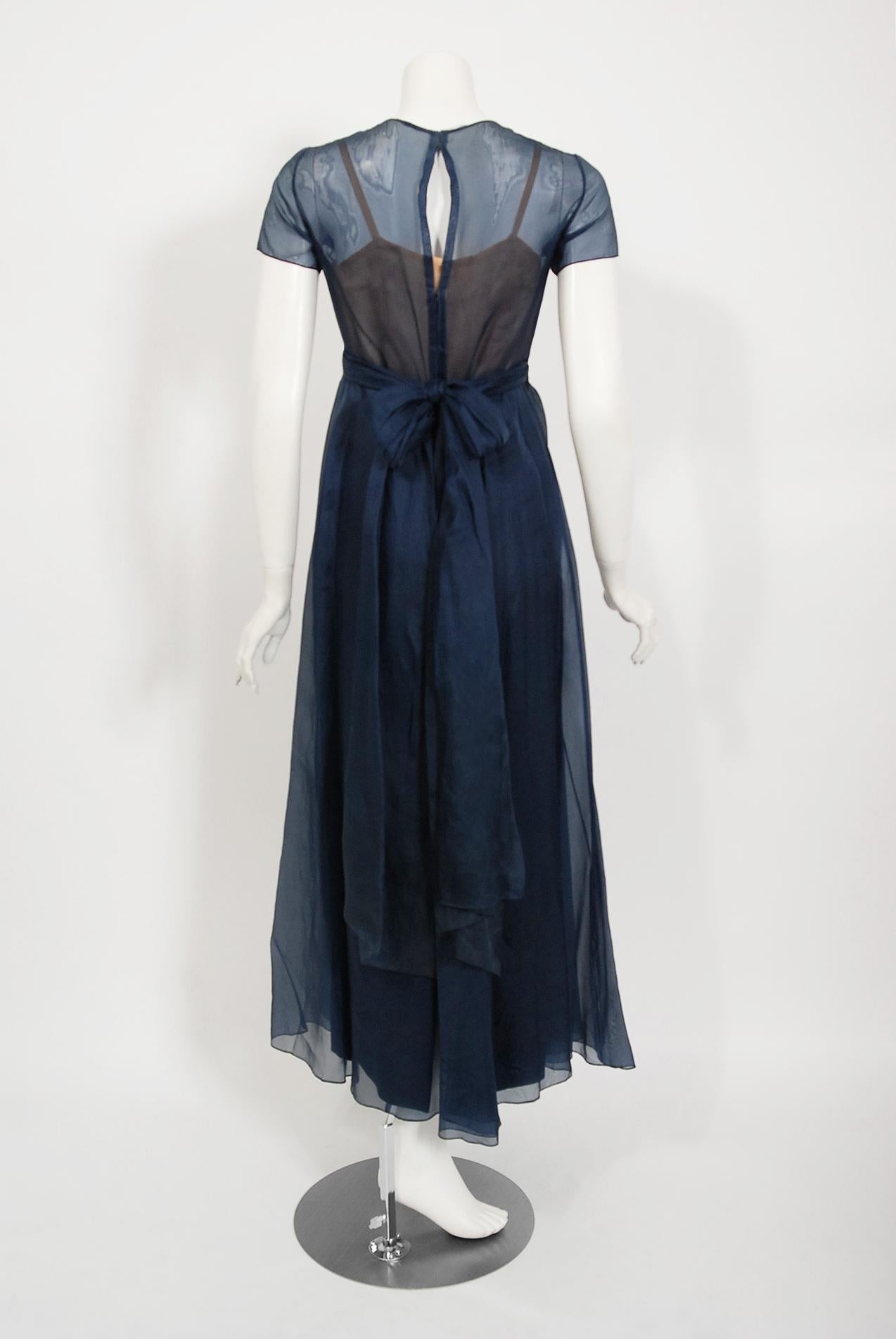 Vintage 1970s Madame Grès Haute Couture Beaded Berry Motif Navy Sheer Silk Gown For Sale 2
