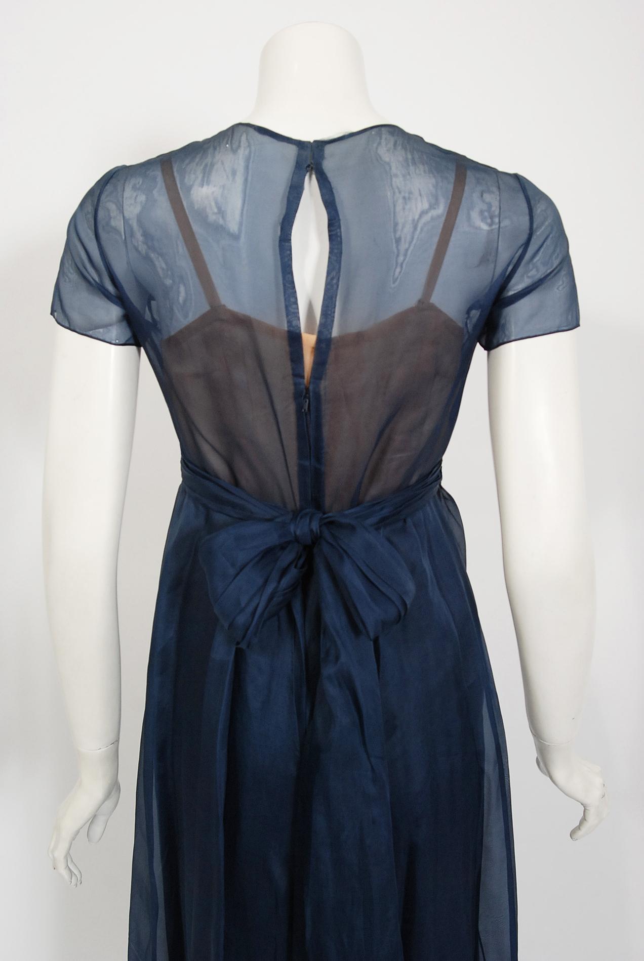 Vintage 1970s Madame Grès Haute Couture Beaded Berry Motif Navy Sheer Silk Gown For Sale 3