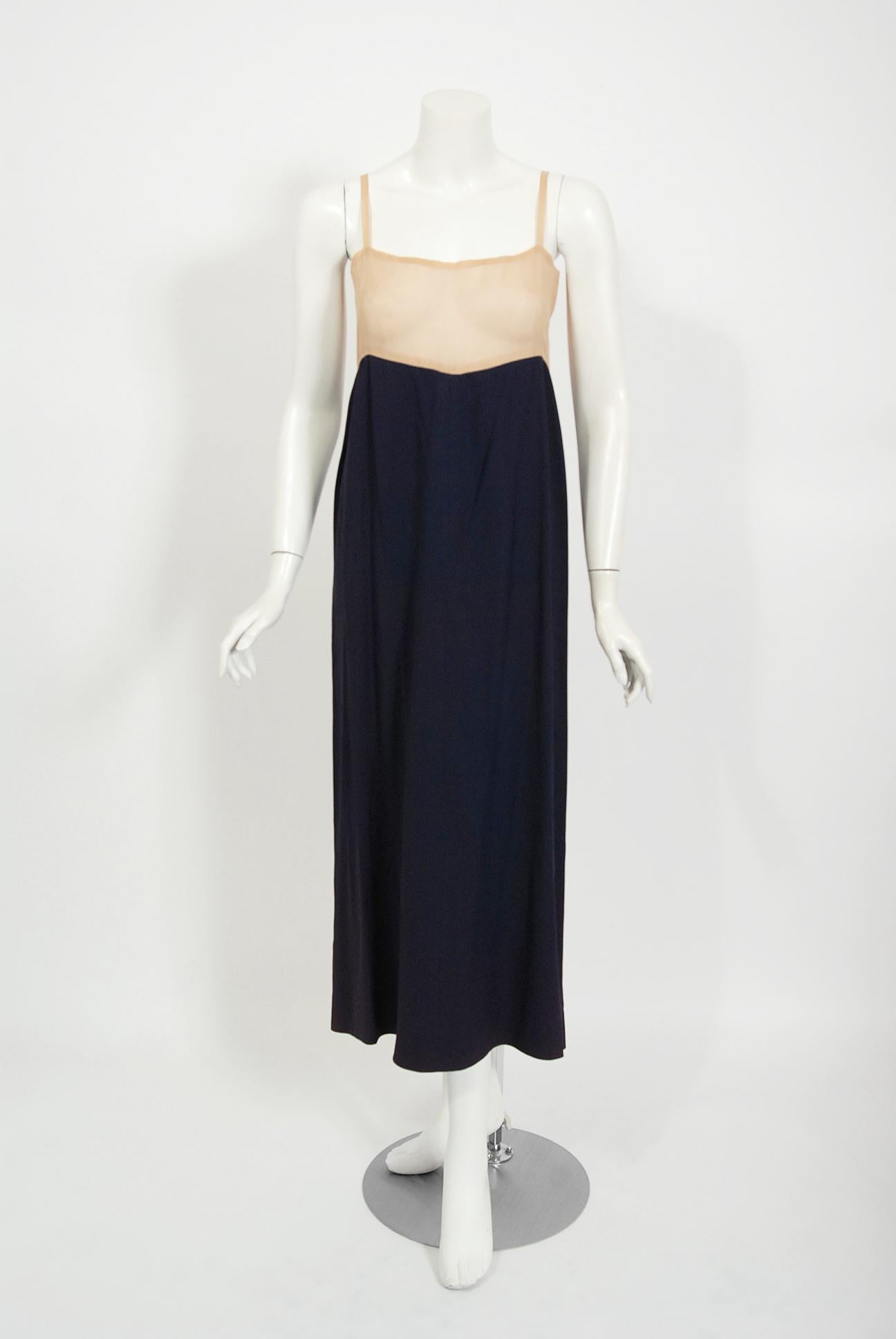 Vintage 1970s Madame Grès Haute Couture Beaded Berry Motif Navy Sheer Silk Gown For Sale 4