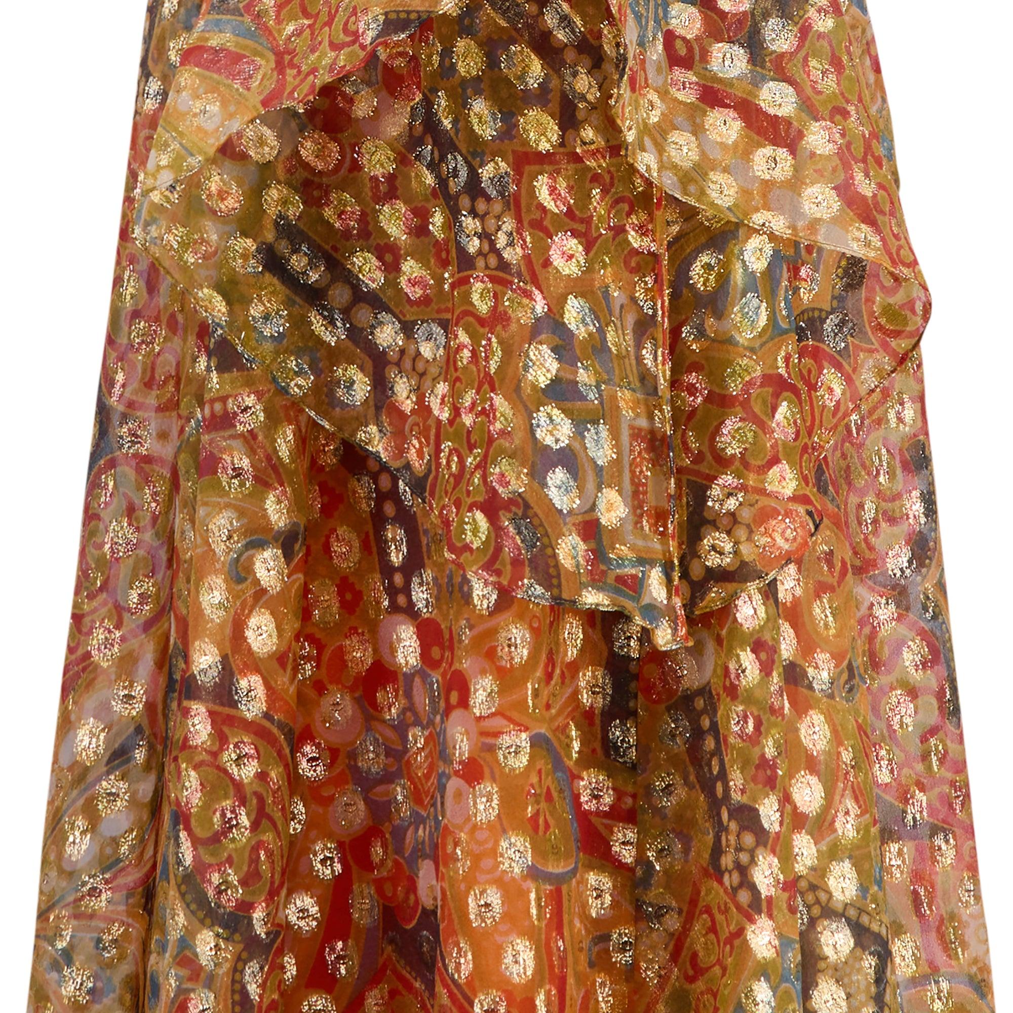 Robe longue Madelyn Modes orange métallisée à manches d'ange à motif cachemire des années 1970 Excellent état - En vente à London, GB