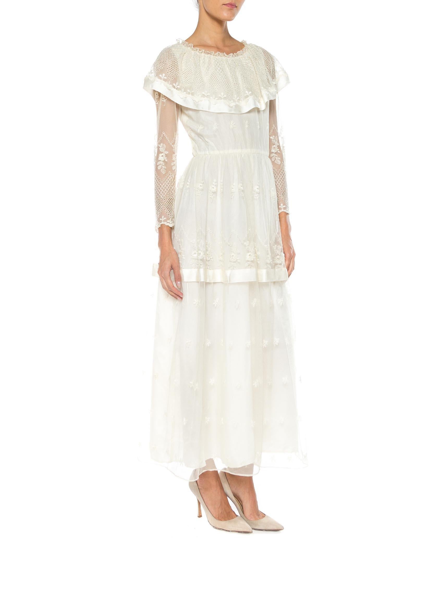 White 1970S MAG FORTAIL Ivory Poly Blend Chiffon & Lace Net Maxi Dress