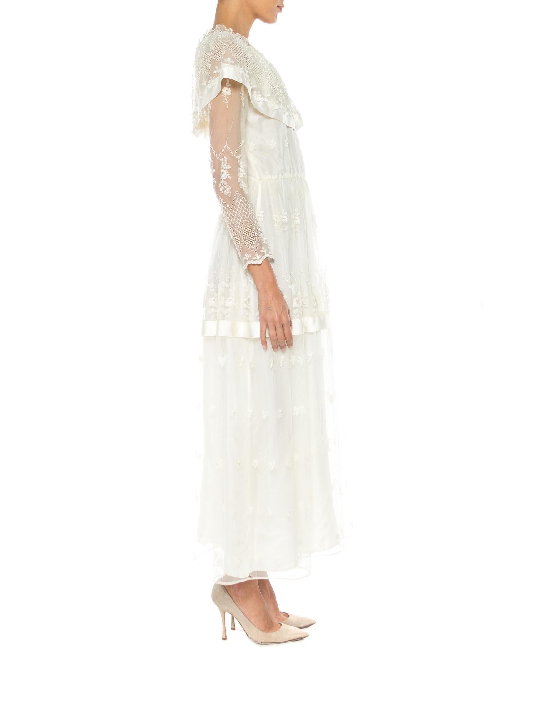 1970S MAG FORTAIL Ivory Poly Blend Chiffon & Lace Net Maxi Dress In Excellent Condition In New York, NY