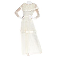 Vintage 1970S MAG FORTAIL Ivory Poly Blend Chiffon & Lace Net Maxi Dress