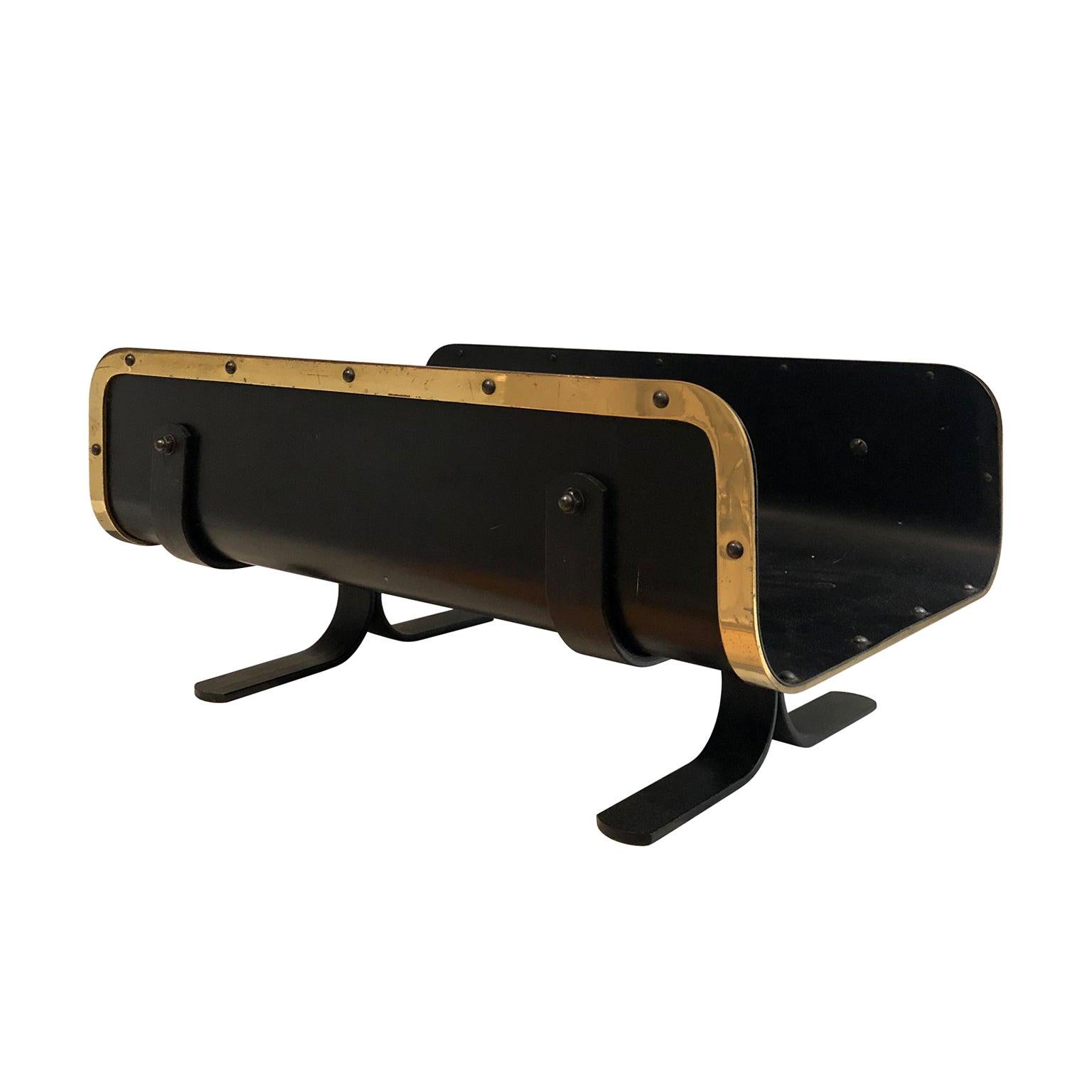 1970s Black Metal Magazine Rack/Log Stand with Brass Banding For Sale