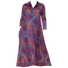 1970S Magenta & Blue Nylon Jersey Slinky Paisley House Dress