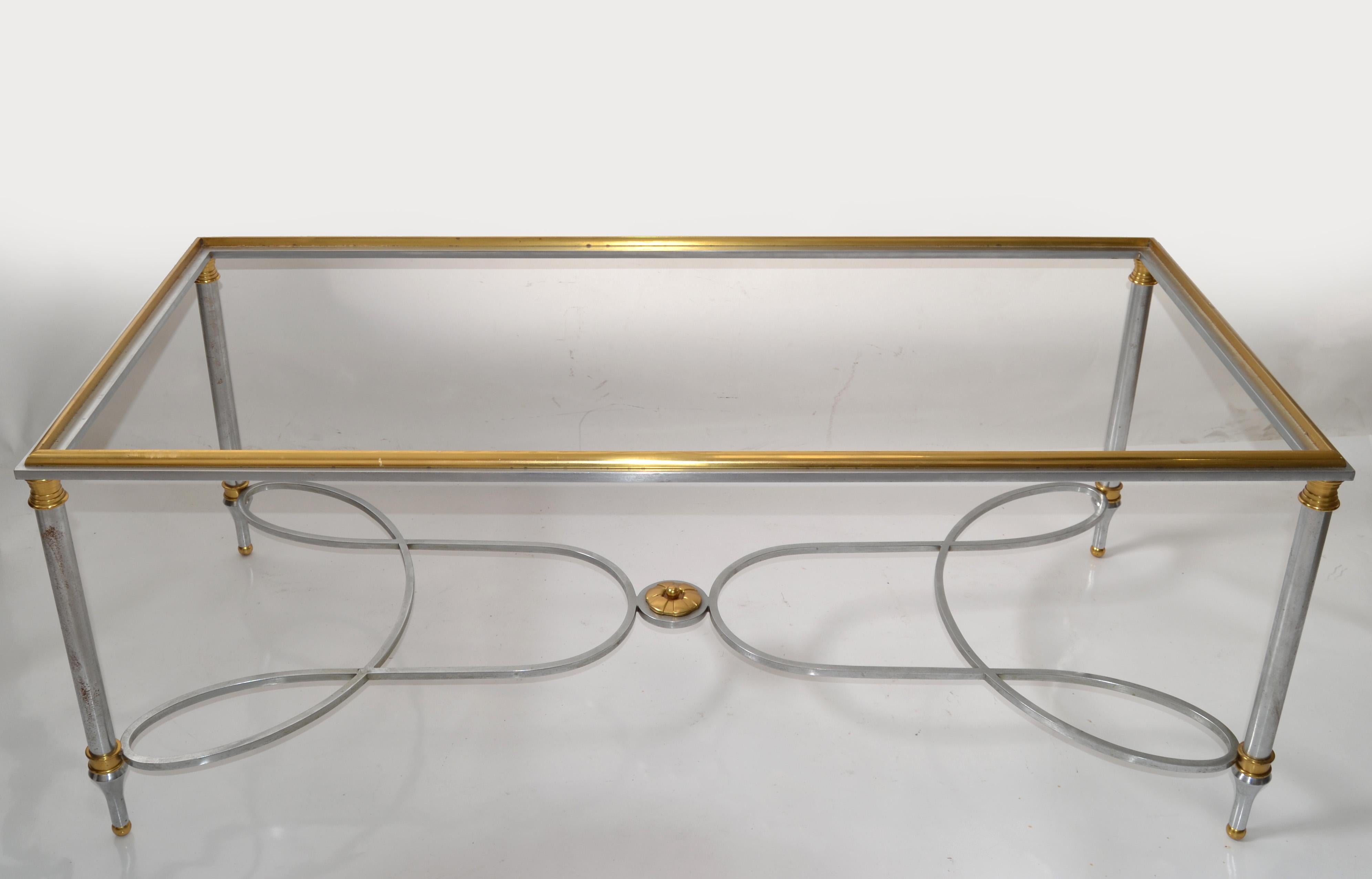 Polished 1970s Maison Charles French Steel Brass Glass Coffee Table Mid-Century Modern 