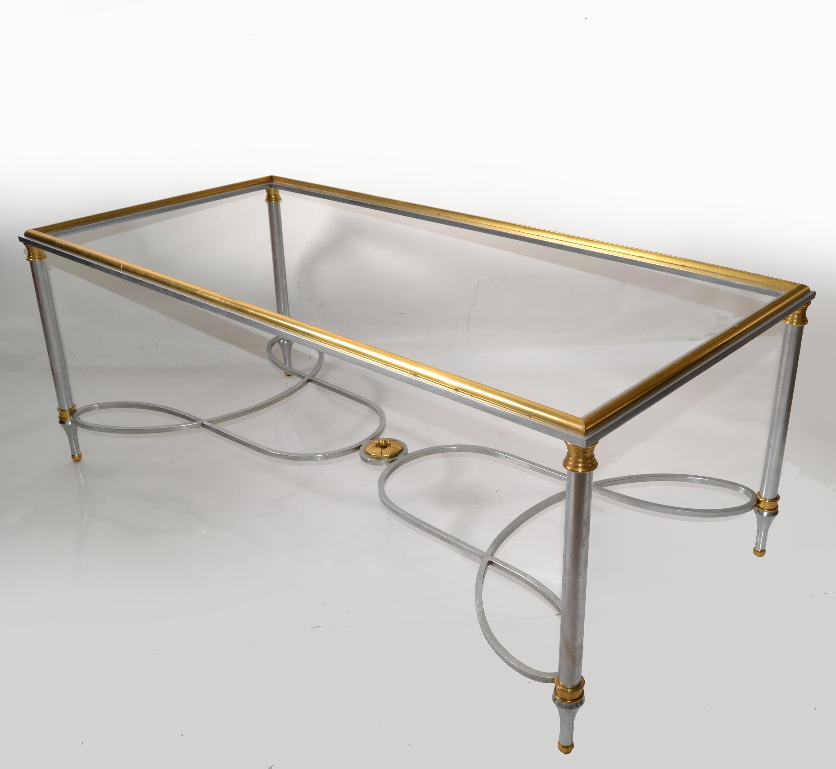 1970s Maison Charles French Steel Brass Glass Coffee Table Mid-Century Modern  In Good Condition For Sale In Miami, FL