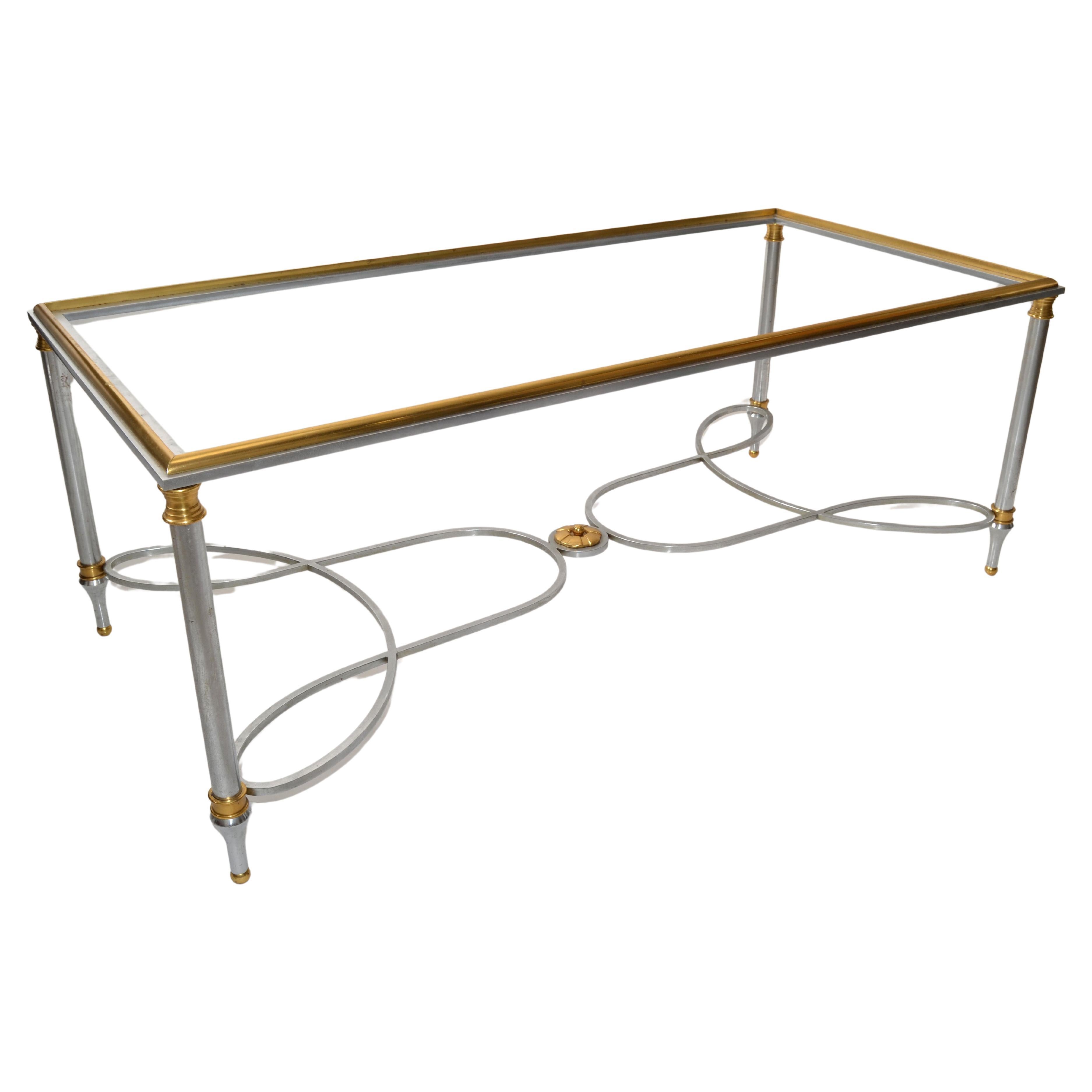 1970s Maison Charles French Steel Brass Glass Coffee Table Mid-Century Modern  For Sale
