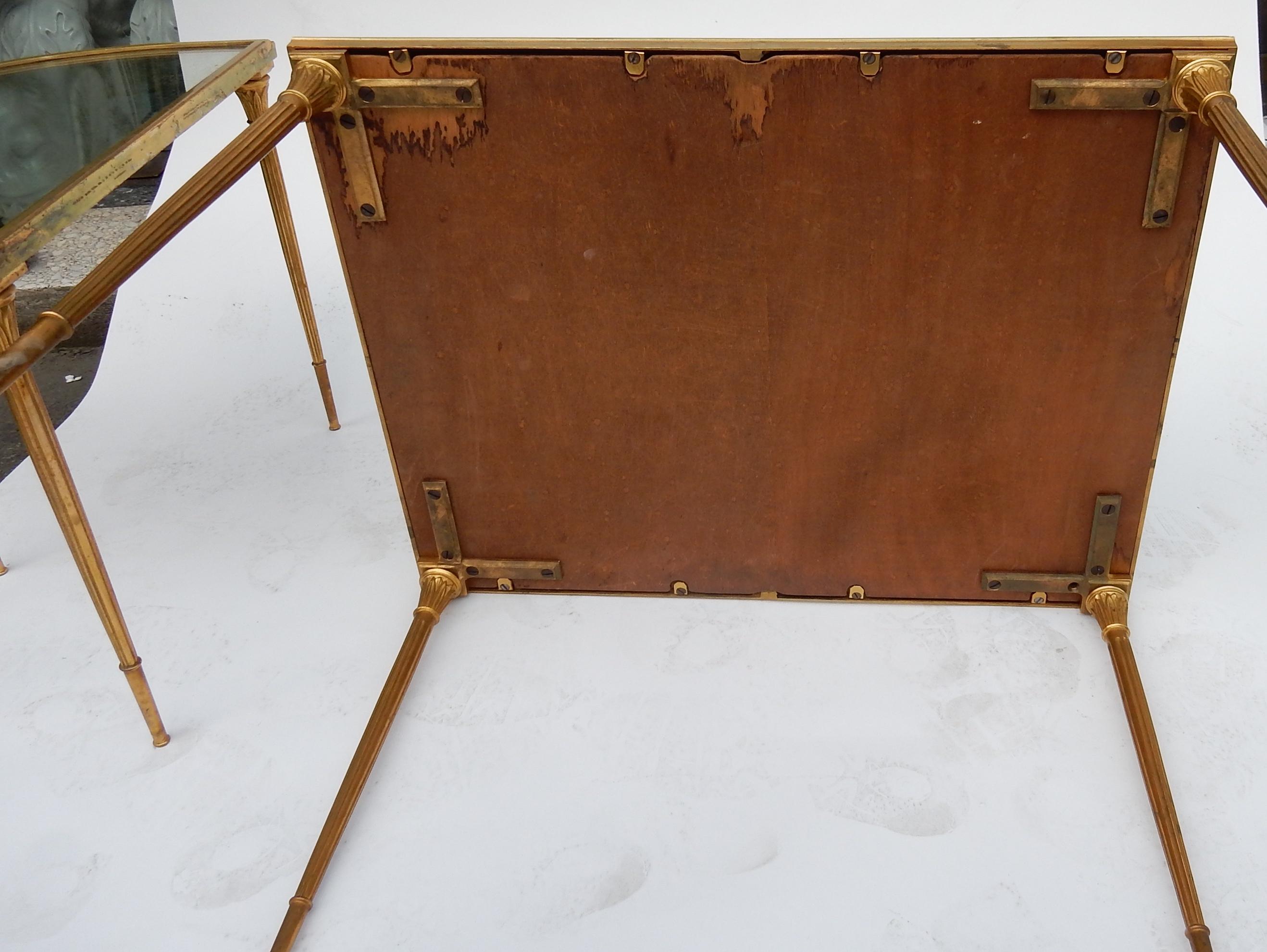 1970s Maison Charles Golden Brass Tripartite Table With Oxyded Mirror Trays 7