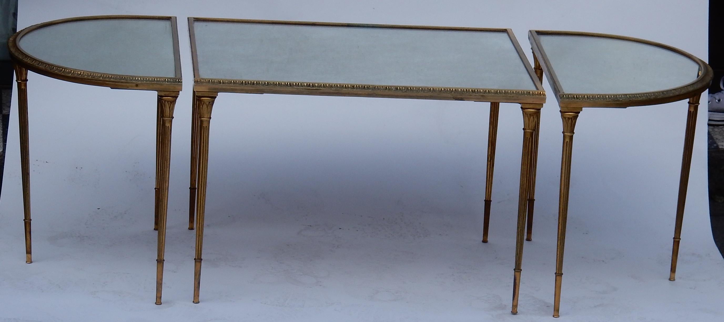 Gilt 1970s Maison Charles Golden Brass Tripartite Table With Oxyded Mirror Trays