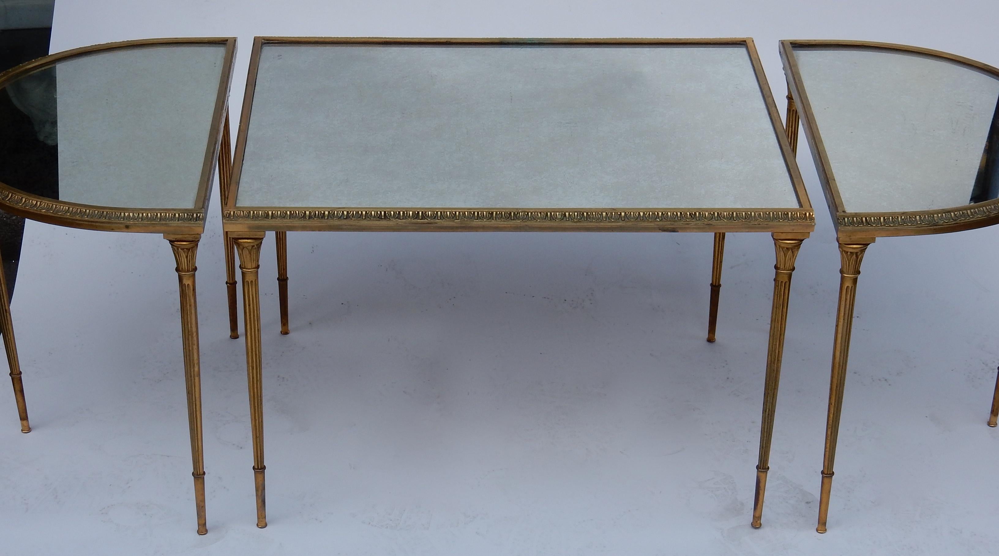 Mid-20th Century 1970s Maison Charles Golden Brass Tripartite Table With Oxyded Mirror Trays