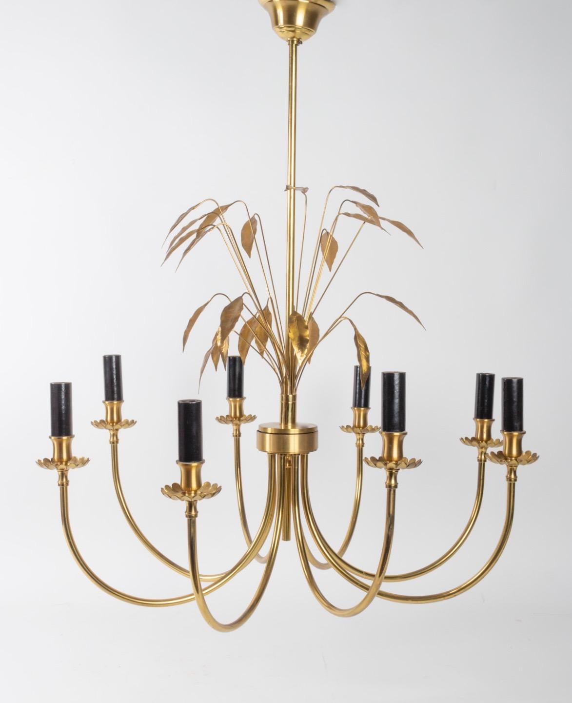 Late 20th Century 1970s Maison Charles Laurel Leaves Brass Chandelier