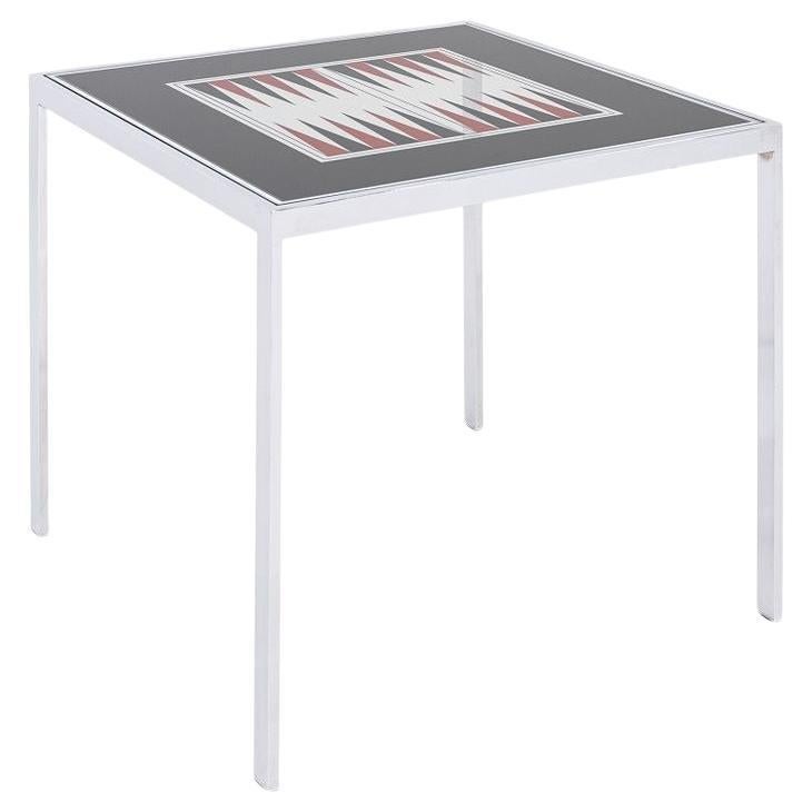 Table de jeu de backgammon/table de salle à manger Maison Jansen des années 1970 en chrome et verre 32 po en vente
