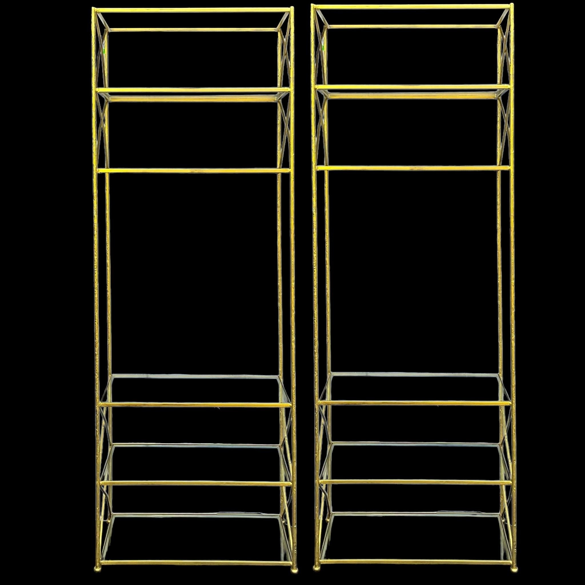 American 1970s Maison Jansen Inspired Gilt Metal Faux Bois Etageres / Bookcases - Pair For Sale