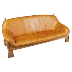1970s Maison Regain Three Seat Sofa in Cognac Leather